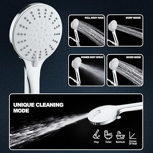 Miniatura 2 de Ducha de mano de alta presión potente 5 modos de pulverización ahorro de agua ángulos ajustables 6.6 pies manguera de acero inoxidable cabezal de