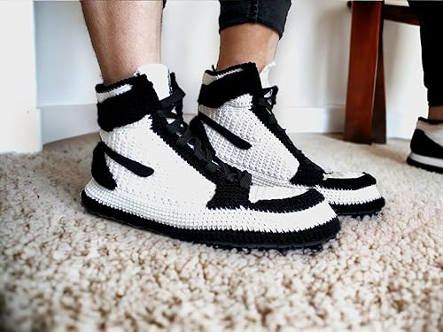 Miniatura 9 de Handmade Jordan Zebra Crochet Basketball Slippers, Retro Knitted Plush High-Top Shoes, Cozy Unisex Indoor Booties, Soft Warm House Boots, Men - Women