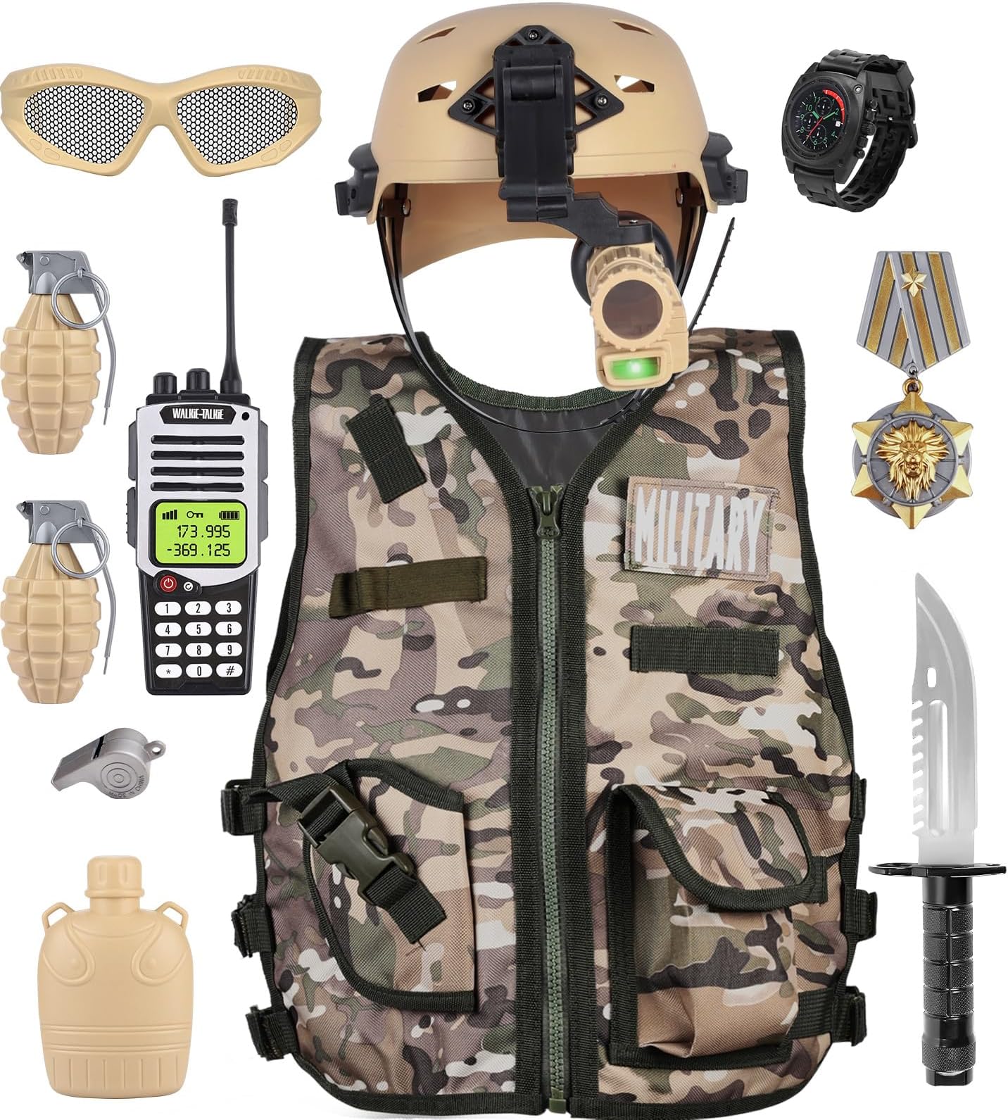 Tacobear Kids Army Military Combat Soldier Costume Halloween Party Role Play Dress up Birthday Gift Set includes Camouflage Vest, Helmet, and Toy Accessories for 3-8 Years Old Toddlers Boys Girls