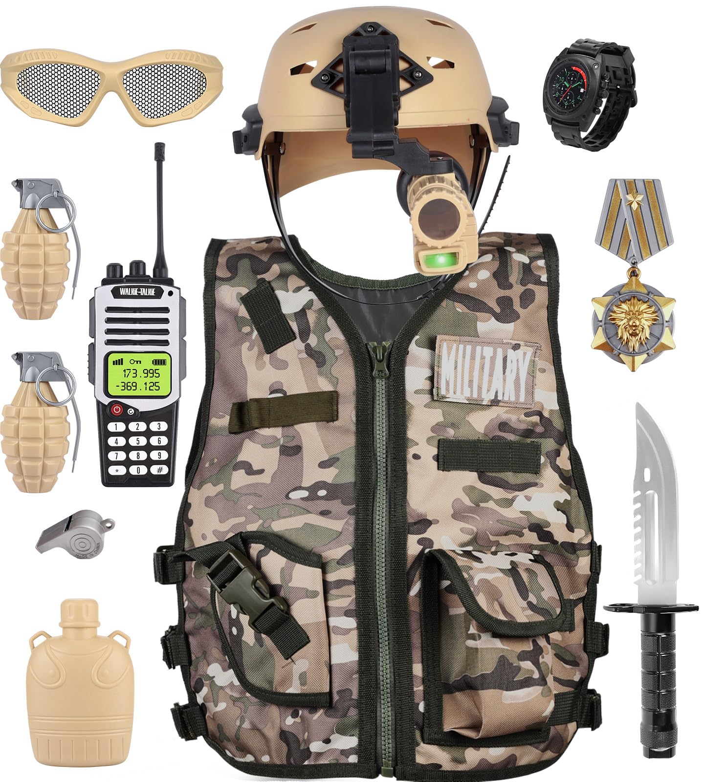 Tacobear Kids Army Military Combat Soldier Costume Halloween Party Role Play Dress up Birthday Gift Set includes Camouflage Vest, Helmet, and Toy Accessories for 3-8 Years Old Toddlers Boys Girls