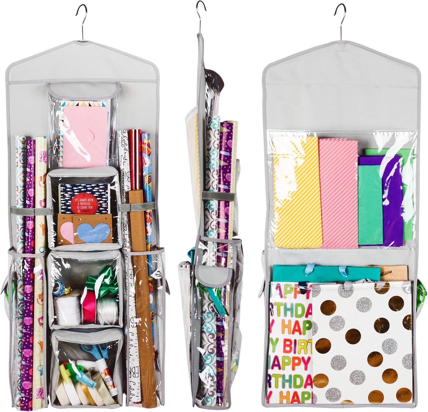 Double-Sided Hanging Gift Bag and Gift Wrap Organizer (Light Grey)