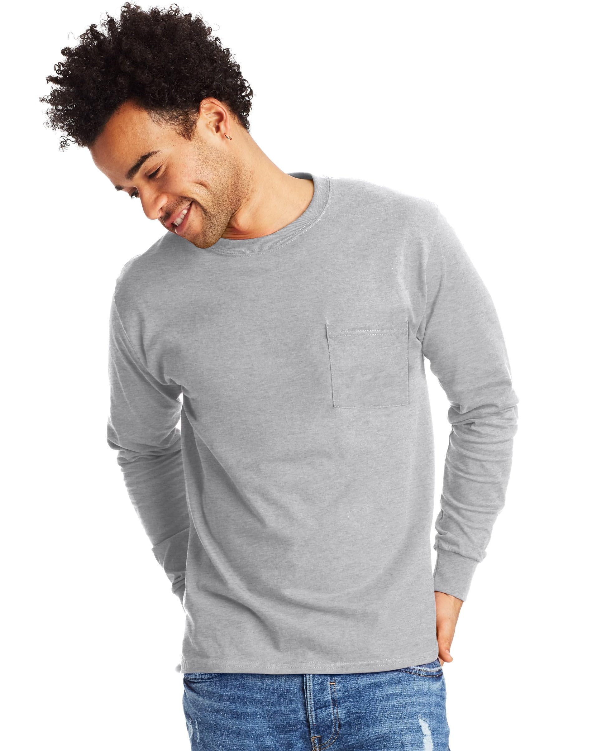 Hanes Essentials T-shirt z bawełny, z długim rękawem, dla mężczyzn, lekka stal, mała, Stal lekka, S
