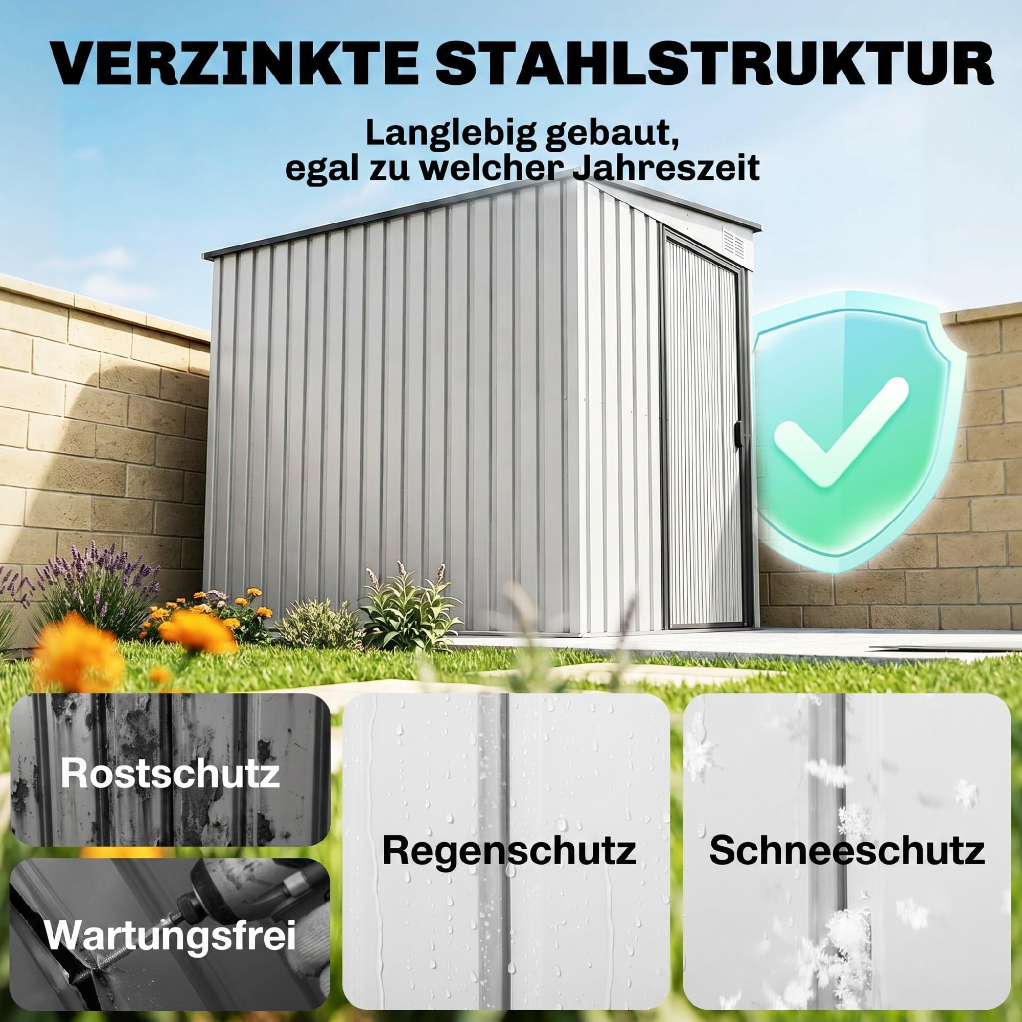 Outsunny Metall Gerätehaus 2,81m² 154x206,5x181 cm Wetterfestes Gartenhaus mit Pultdach und Fundament, Geräteschuppen mit Schiebetür, Weiß