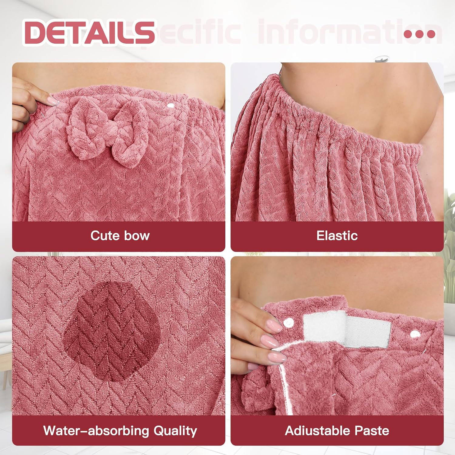 Plus Size Bath Towel Wrap for Women (XXL-XXXXL) with Hair Towel, Oversize Shower Wrap Dress Spa Bathrobe, Comfortable Adjustable Body Wrap, Dry Quickly, 82.68x31.5'', Pink - Image 3