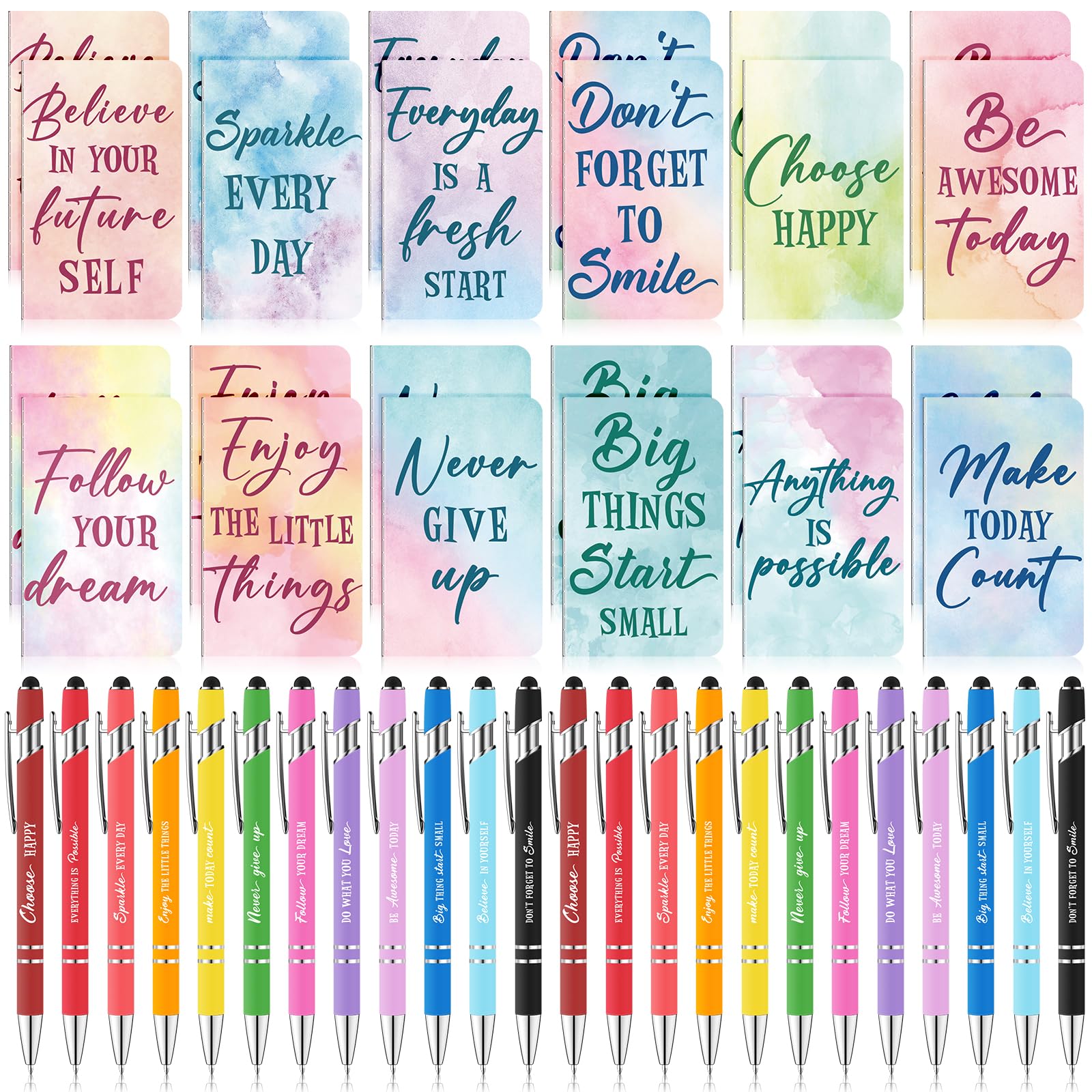48 Pcs Watercolor Bulk Motivational Pens Inspirational Notepads Set, Pocket Quote Notebooks Ballpoint Pens, Mini Journals Gift Set for Kids Students Teachers School Office Prizes Supplies (RH22169)