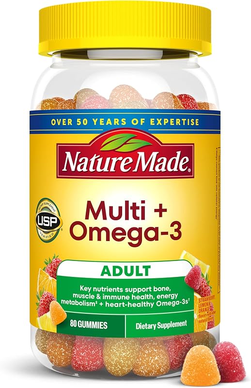 Nature Made Multivitamin + Omega-3, gomitas multivitamínicas para adultos, 80 unidades | Vitaminas y minerales gomosos para adultos, gomitas multivitamínicas para mujeres y hombres, apoyo nutricional diario, suministro para 40 días