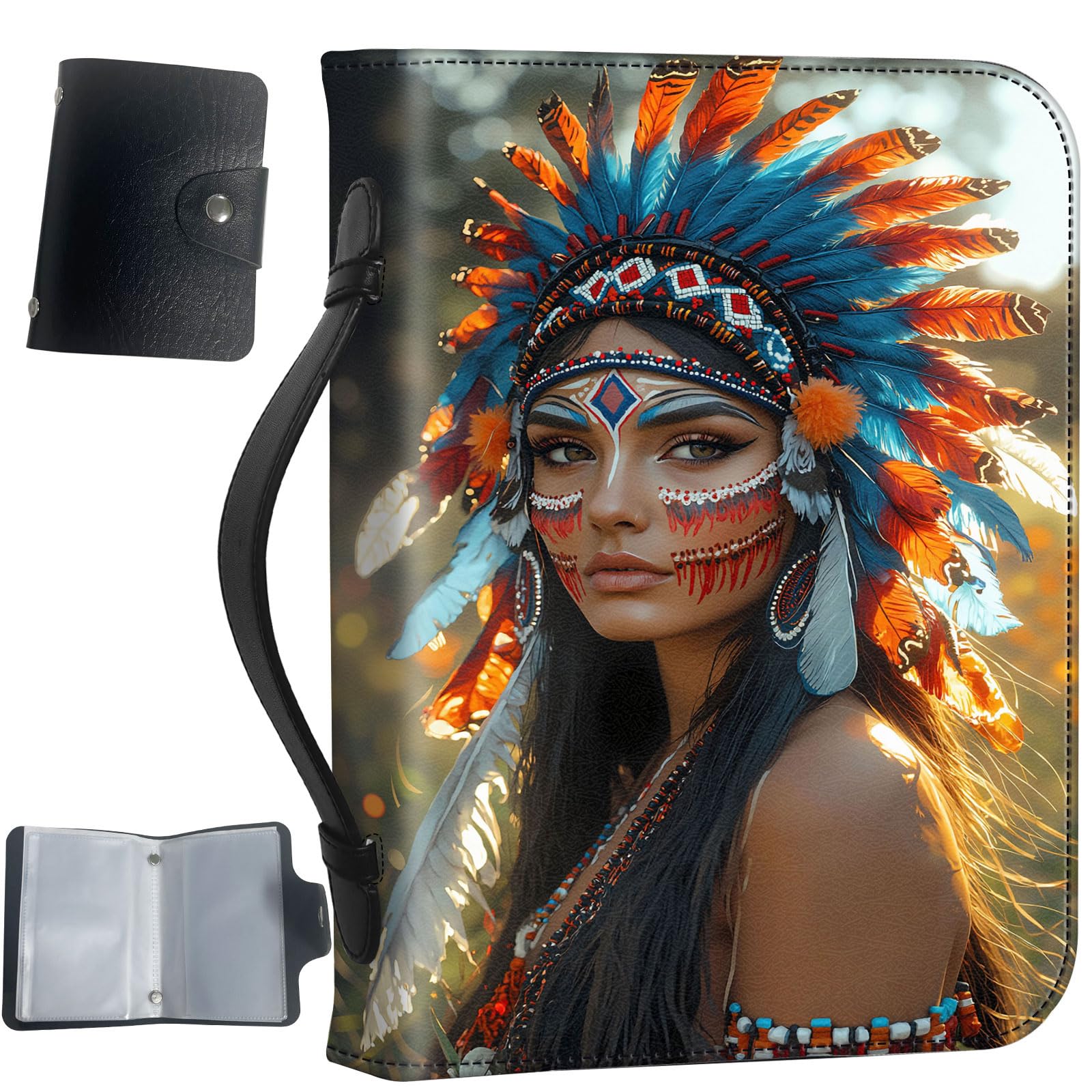 PU Leather Bible Cover with Handle & Pockets, Large Capacity Bible Case, Water-Resistant Scripture Organizer Bag with Bonus Card Holder, Christian Gift for Women & Men, Native American Woman