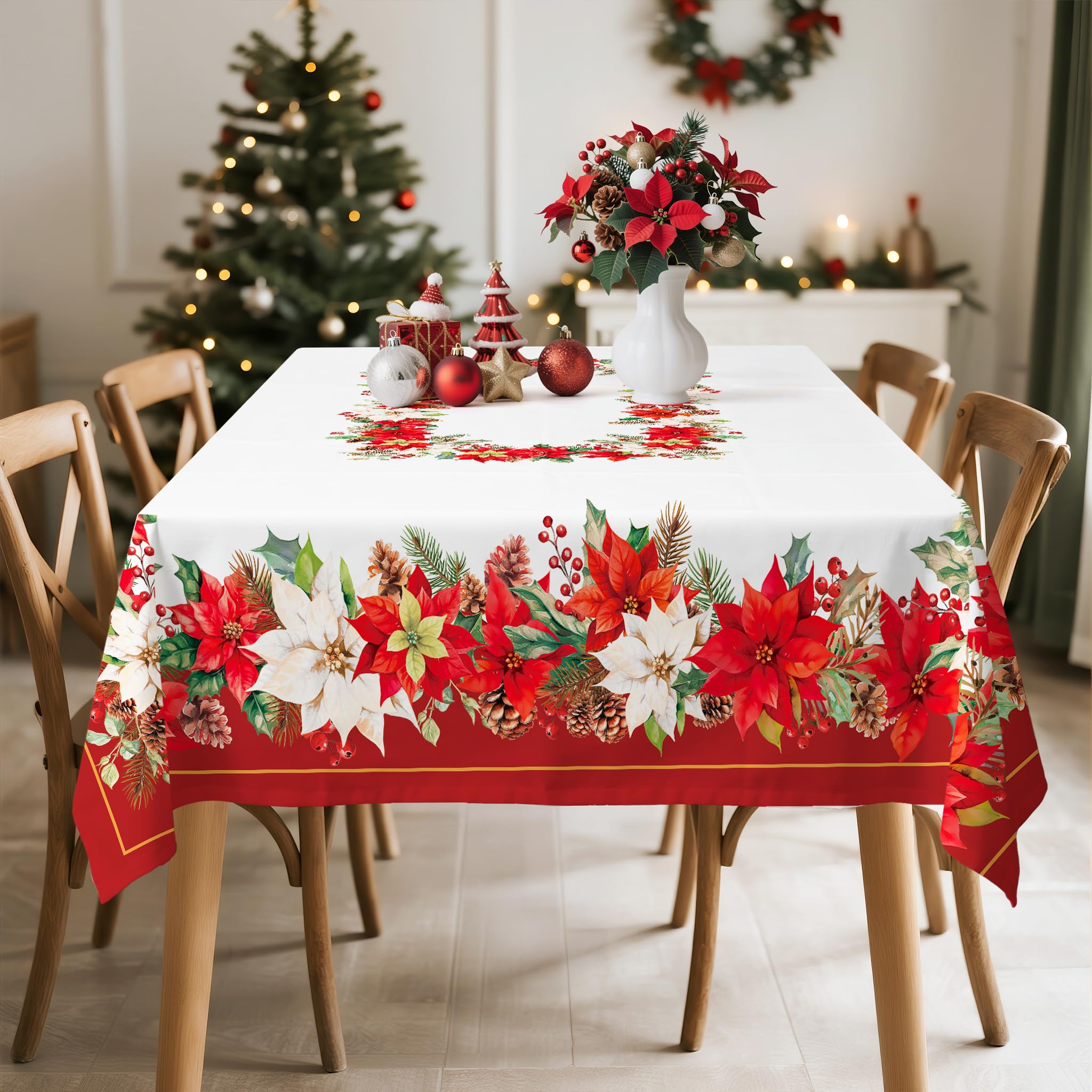 Nappe Florale De NoëL, Nappe Rectangulaire à Fleurs De NoëL, Housse De Table en Antitache Imperméable Lavable pour FêTe De NoëL, Vacances, DéCoration D'IntéRieur (Rouge, 152x264cm)