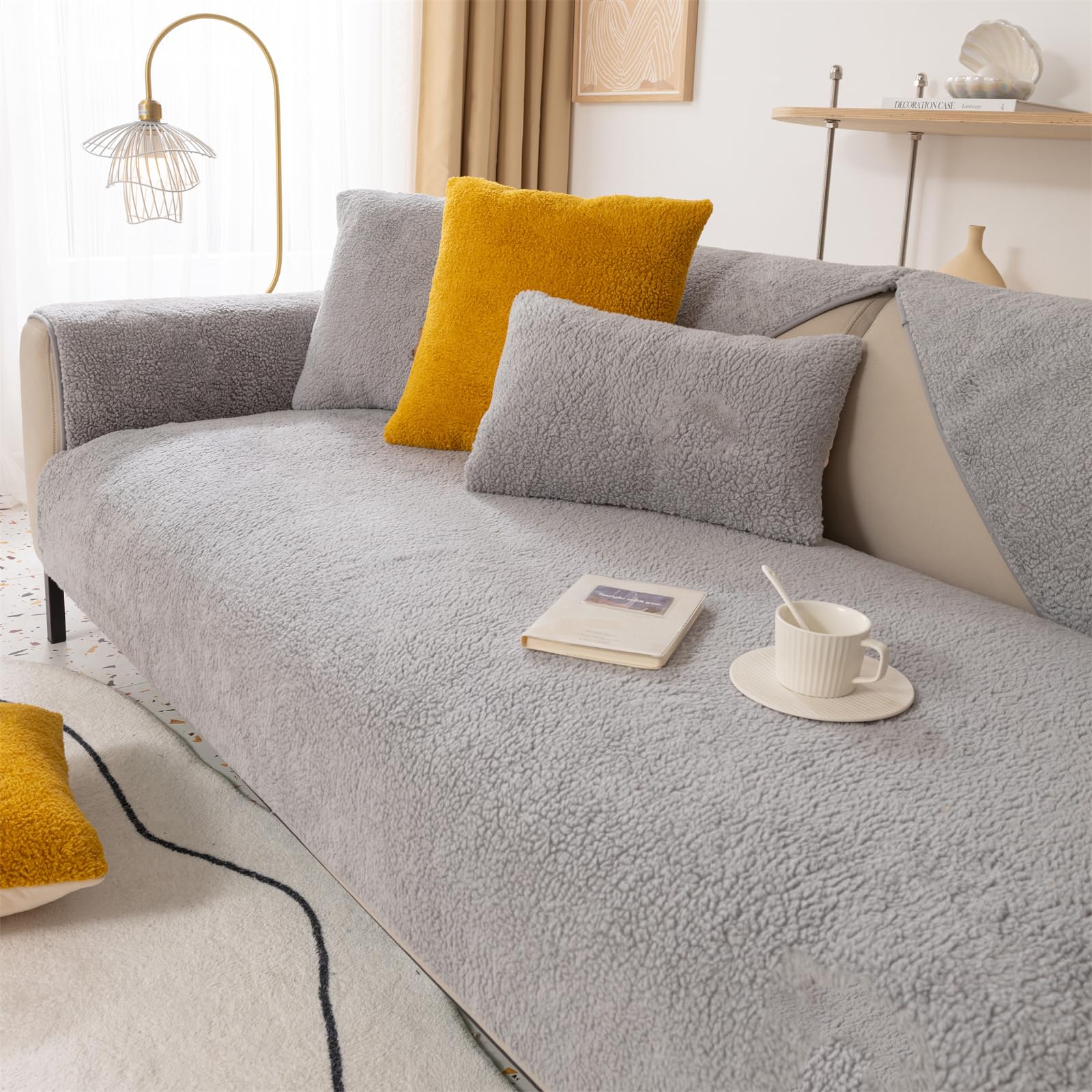 KYJSW 1 Piece Soft Thick Lamb Wool Fabric Sofa Cover 1 2 3 4 Seater Warm Non-Slip Reversible Washable Couch Covers for Corner L Shape (Grey,110 * 180 cm)