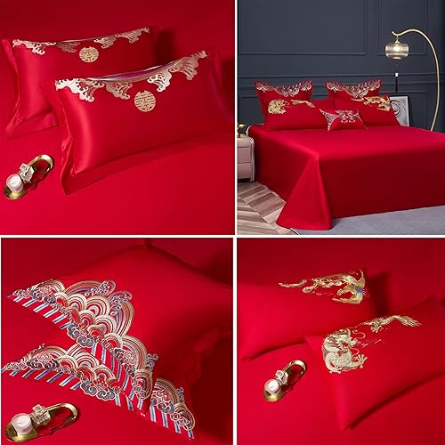 Miniatura 40 de Luxury Double Happiness Dragon and Phoenix Bird Embroidery Chinese Wedding Red Bedding Set King Queen Size 100% Cotton Embroider Red Wedding Duvet