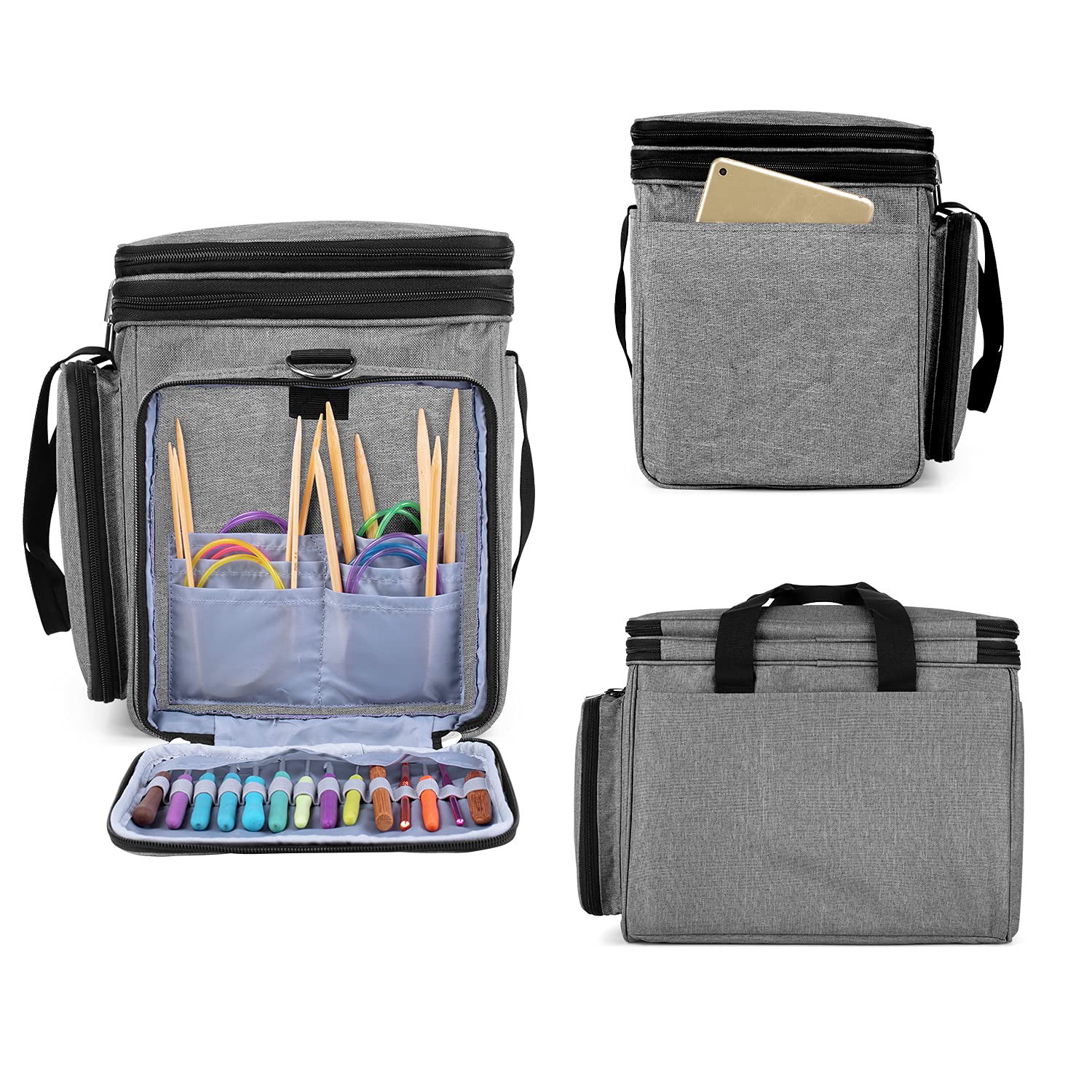 Luxja Sac pour Rangement Laines, Sac a Tricot, Sac pour Crochet Laine, Aiguilles à Tricoter et d'autres Accessoires, Gris