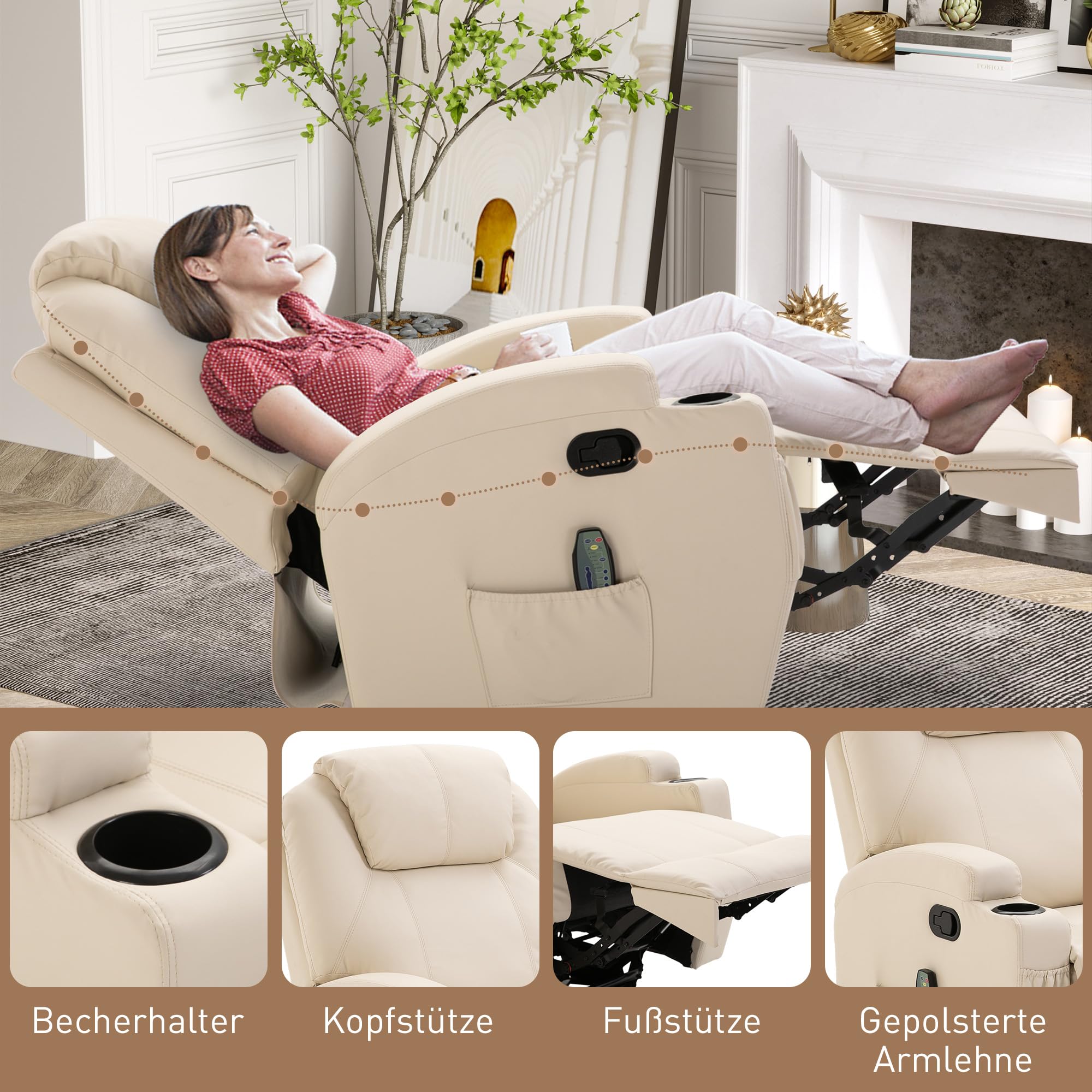 HOMCOM Relaxsessel Massagesessel mit Liegefunktion Vibration Cremeweiß | Fernsehsessel, Fußteil, Seitentasche, TV Sessel, Liegesessel, Ruhesessel, für Wohnzimmer