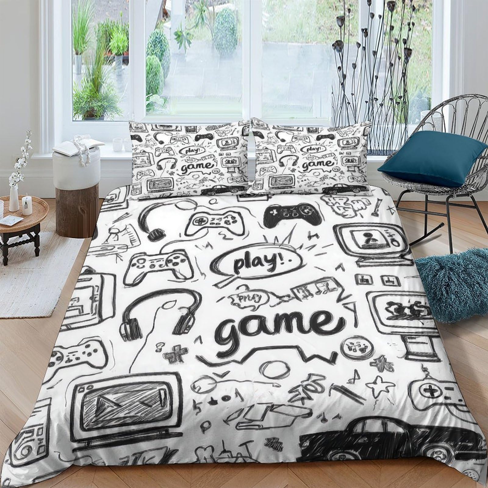 Ctjqhvkz Style-2 3D Printed Game Controller Fitted Sheet Microfiber Soft Breathable Cartoon Doodle Bed Cover For Bedroom Dorm Mattress Decor Single（135X200cm）