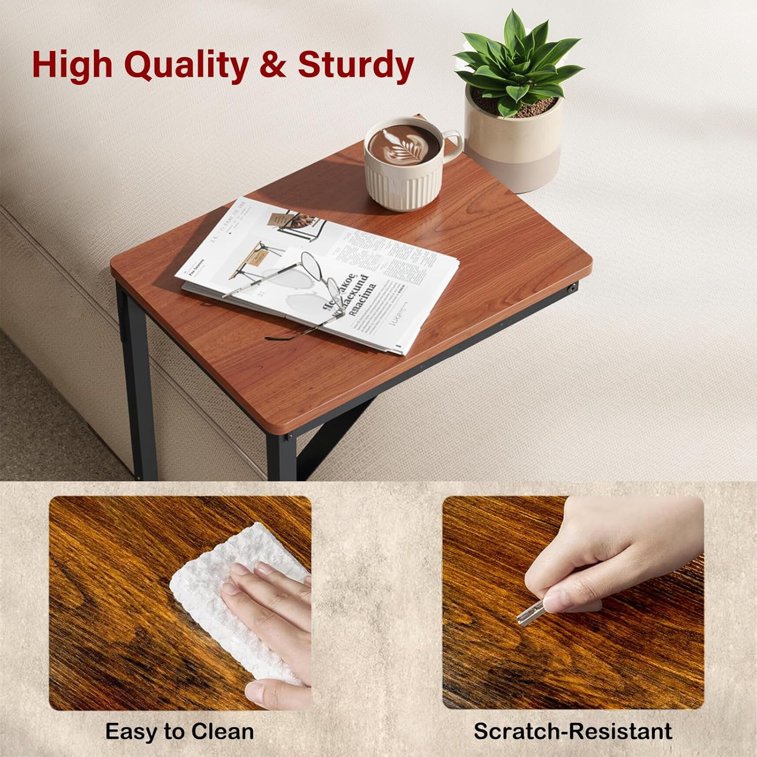 C-Shaped End Table, Small Side Table for Couch with Sturdy Metal Frame, Multi-Functional Sofa Table for Living Room, Bedroom, Bedside, Nightstand, Compact Accent Table - Brown