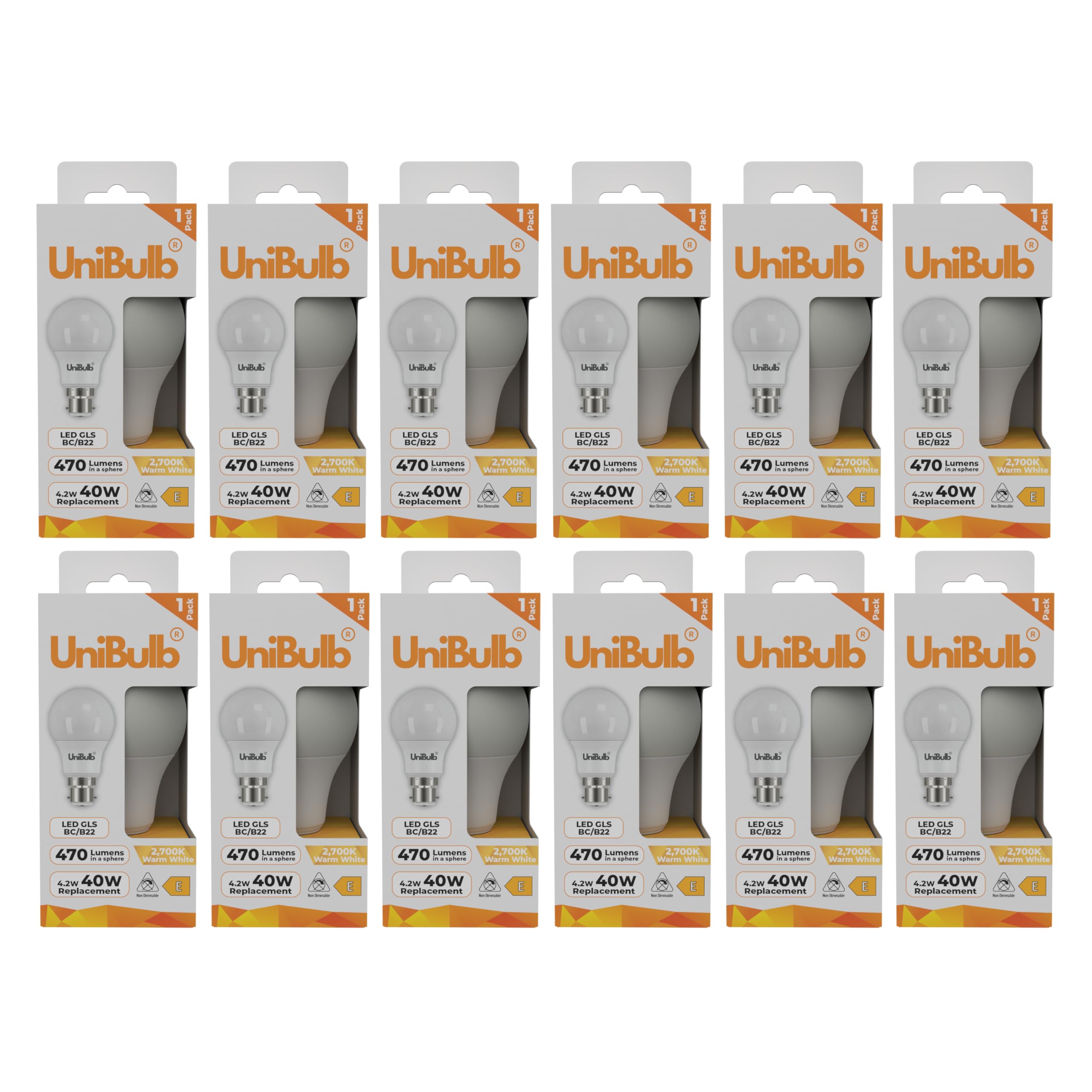 Unibulb BC / B22 / Bayonet LED Light Bulb, GLS, 4.2W, 470lm, Replaces 40W, Warm White 2700K, Non-dimmable, 25yr Lifespan, Pack of 2 (12)