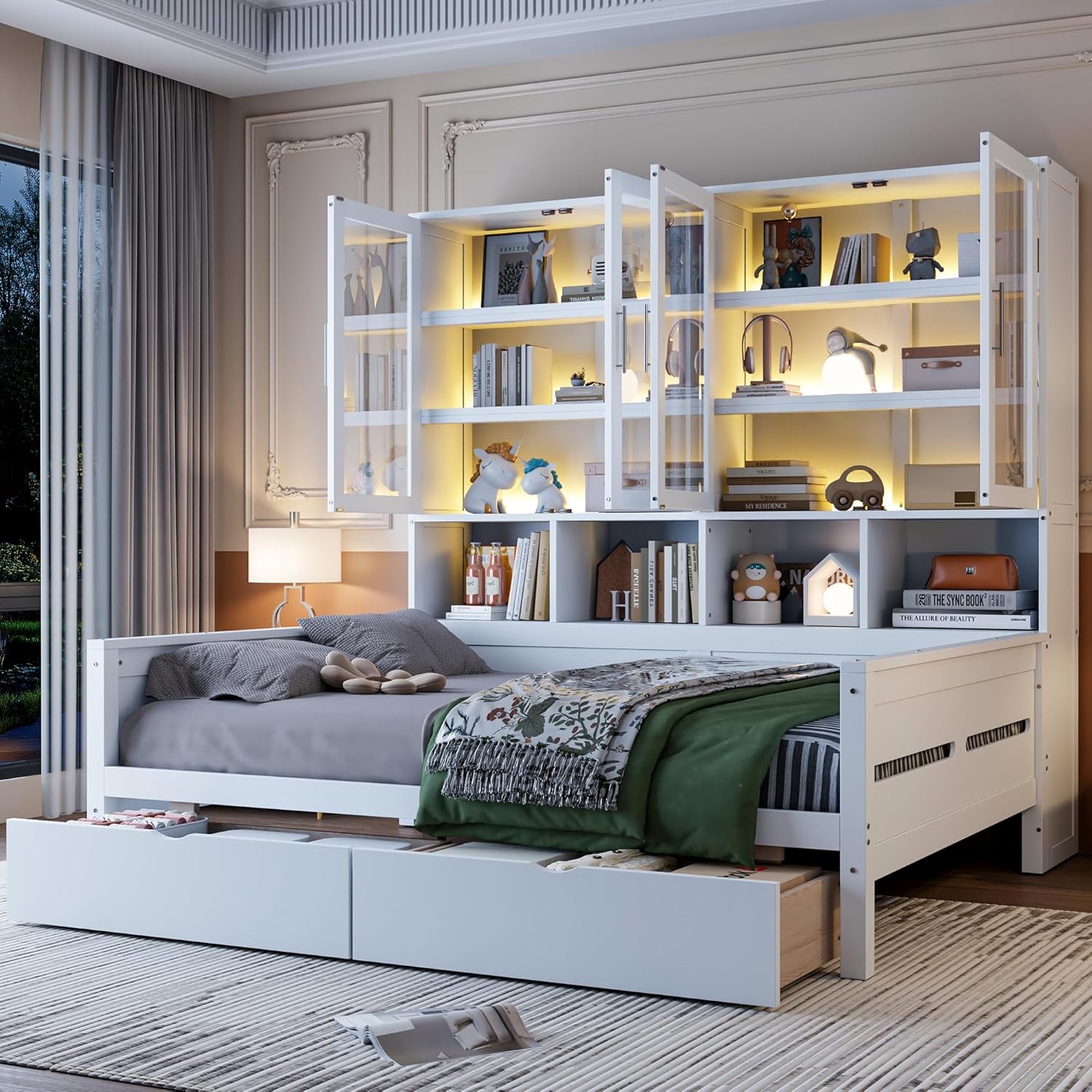 ((Incomplete box 3 of 3))Ball & Cast Full Size Wooden Daybed with Glass-Door Storage Cabinets,Wooden Platform Bed Frame w/Built in LED Lighting and Shelves,Wood Slat Support,No Box Spring Needed,Easy Assembly,White Full White