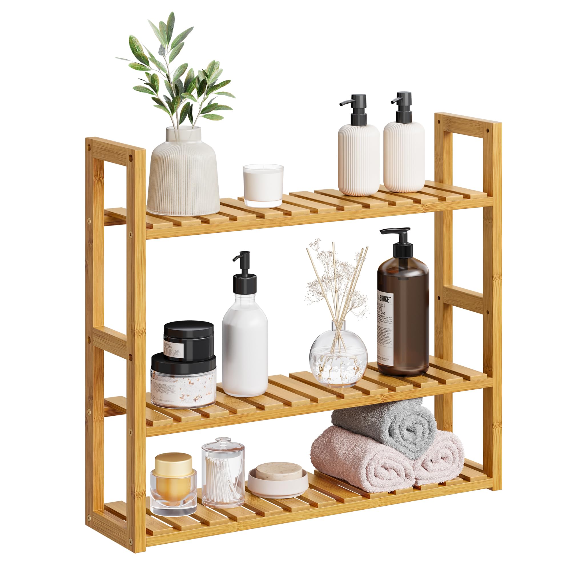 SONGMICS bamboo bathroom shelves, 3-Tier Adjustable Layer Rack, Bathroom Towel Shelf, Utility Storage Shelf Rack, Wall Mounted Organizer shelf, For Bathroom Kitchen Living Room Holder Natural UBCB13Y