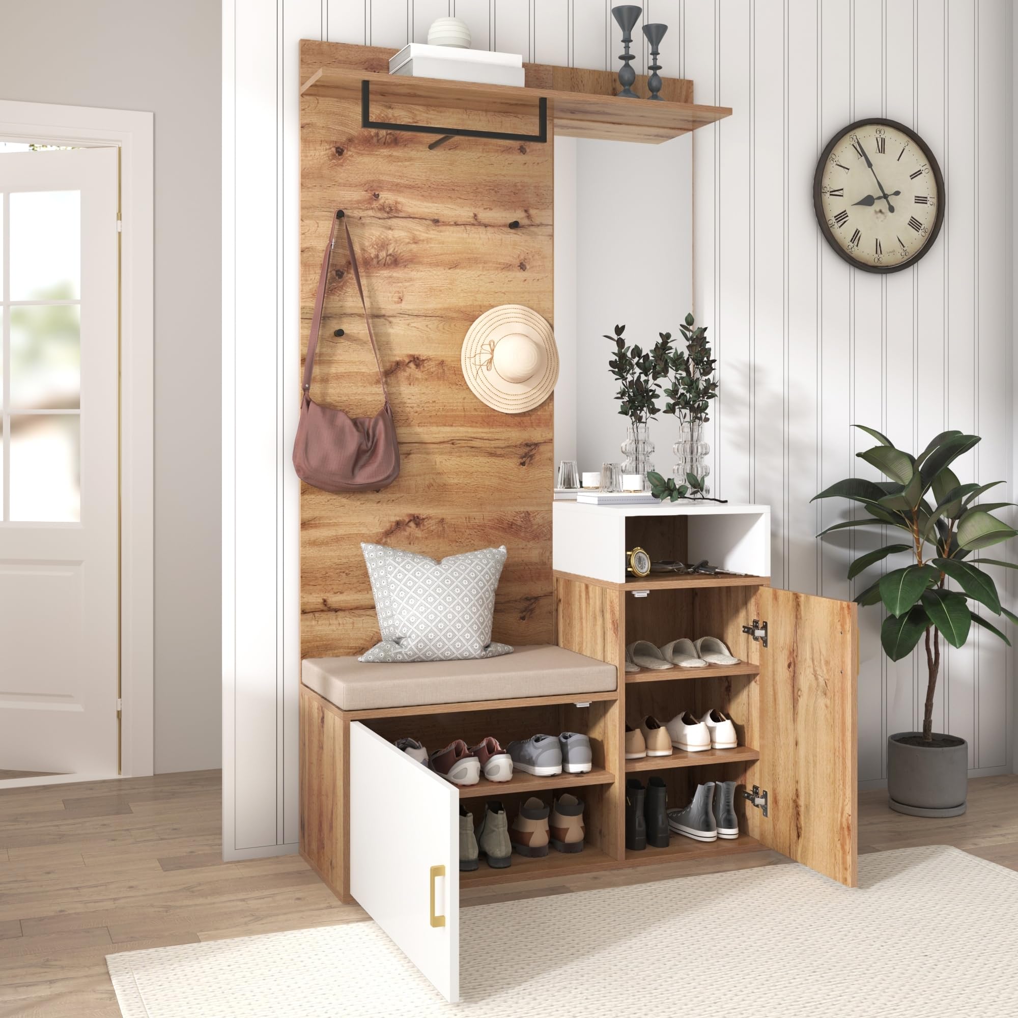 Conjunto de Recibidor de Entrada con Espejo y Ganchos, Perchero de Pared con Banco Zapatero, Juego de Mueble Recibidor con Espacio de Almacenamiento y Puertas, 190,5x105x40 cm, Natural+Blanco