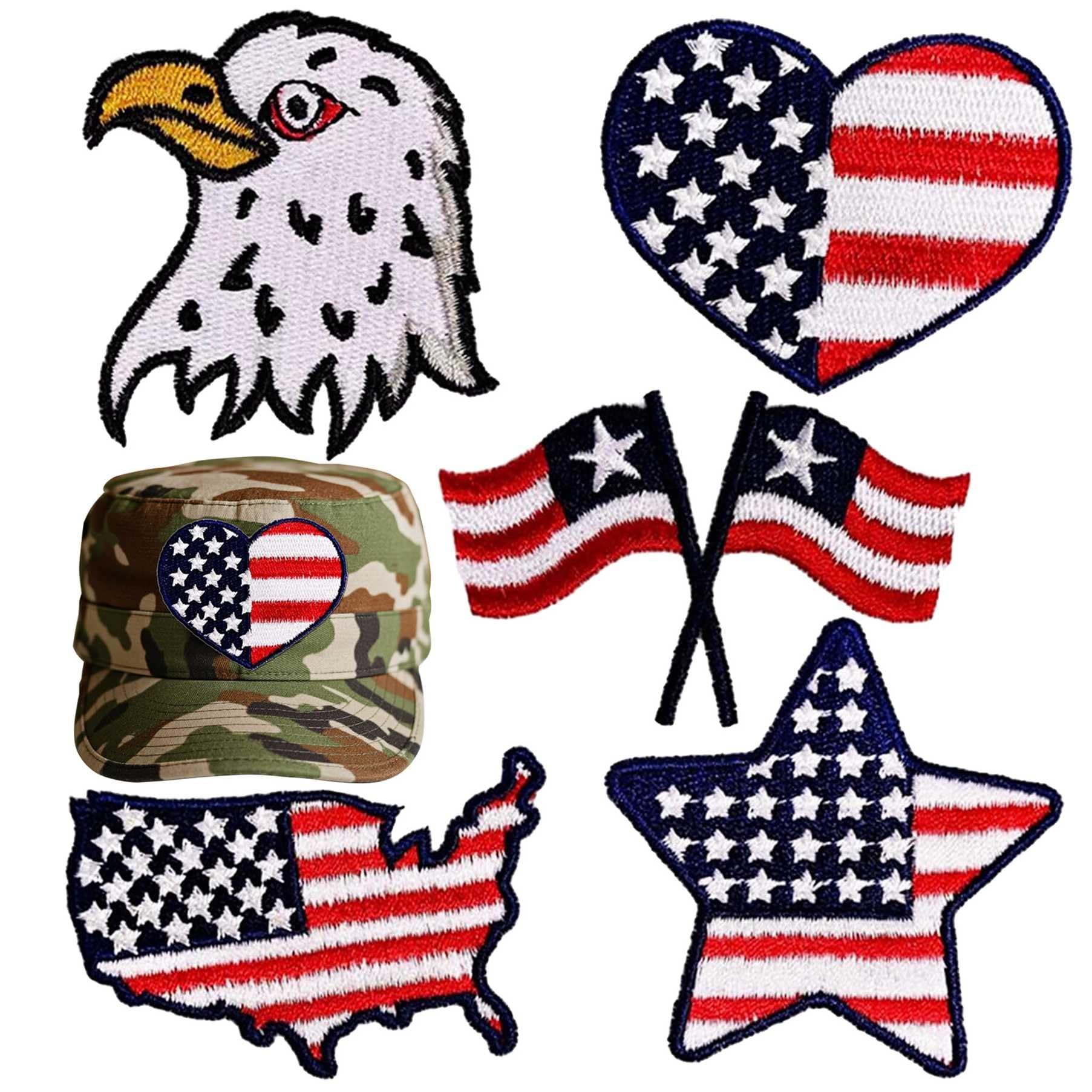 Minason Patriotic Iron On Patches - I Love My Country 5 Piece Set, Embroidered American Flag, Eagle, Star & Map Appliques for Jackets, Hats, Bags