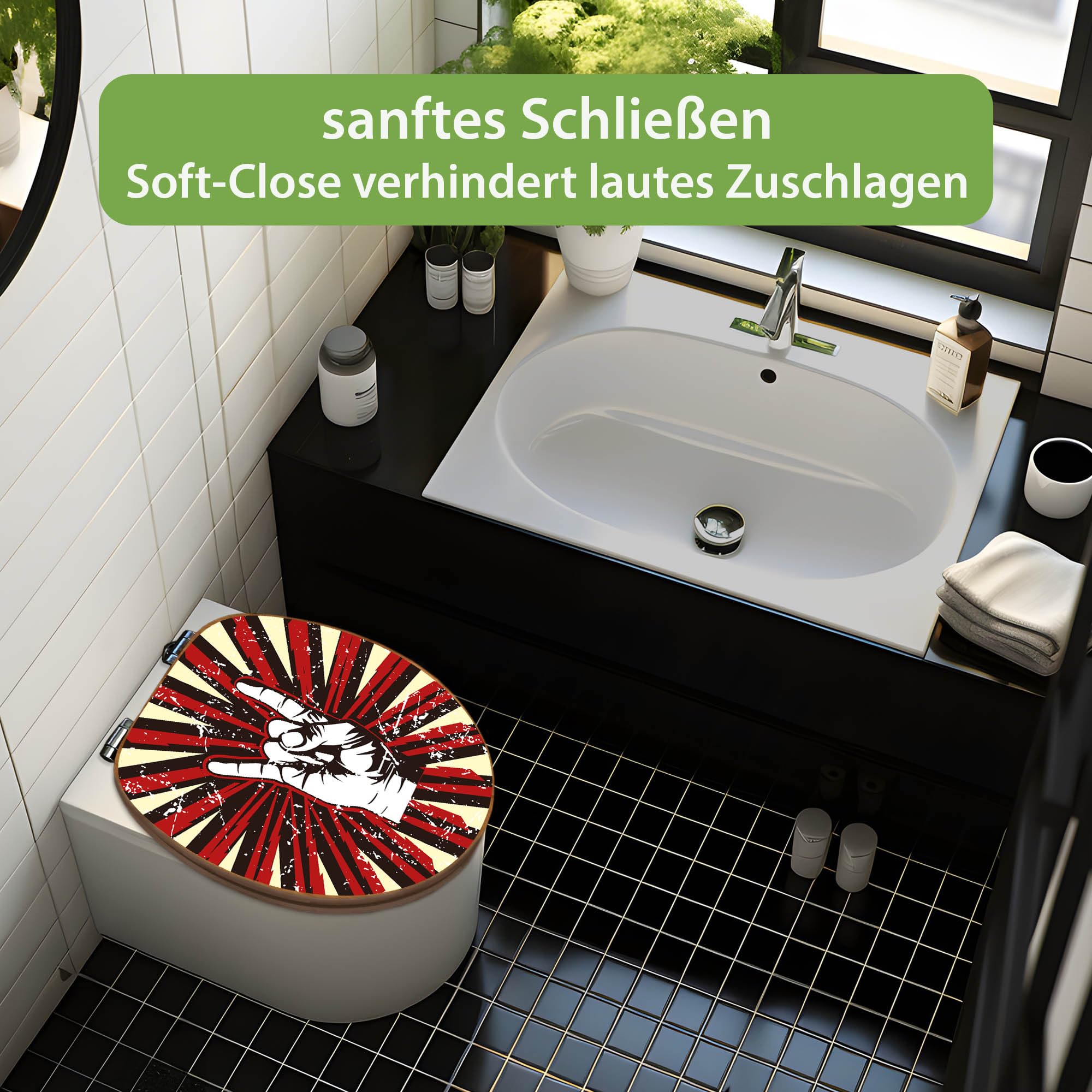 banjado Design WC Sitz Bambus Absenkautomatik 45,8x37,5cm - Toilettendeckel mit Absenkautomatik Holz - hochwertiger Bambus Klodeckel - WC-Sitz für gängigen Toiletten - Motiv Rock On