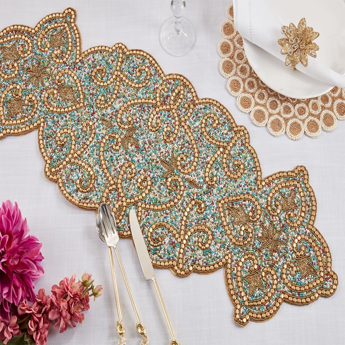 Fennco Style Hand Beaded Elegant Design Table Runner 13" W X 36" L - Gold Table Cover for Banquets, Christmas, Special Events and Home Décor