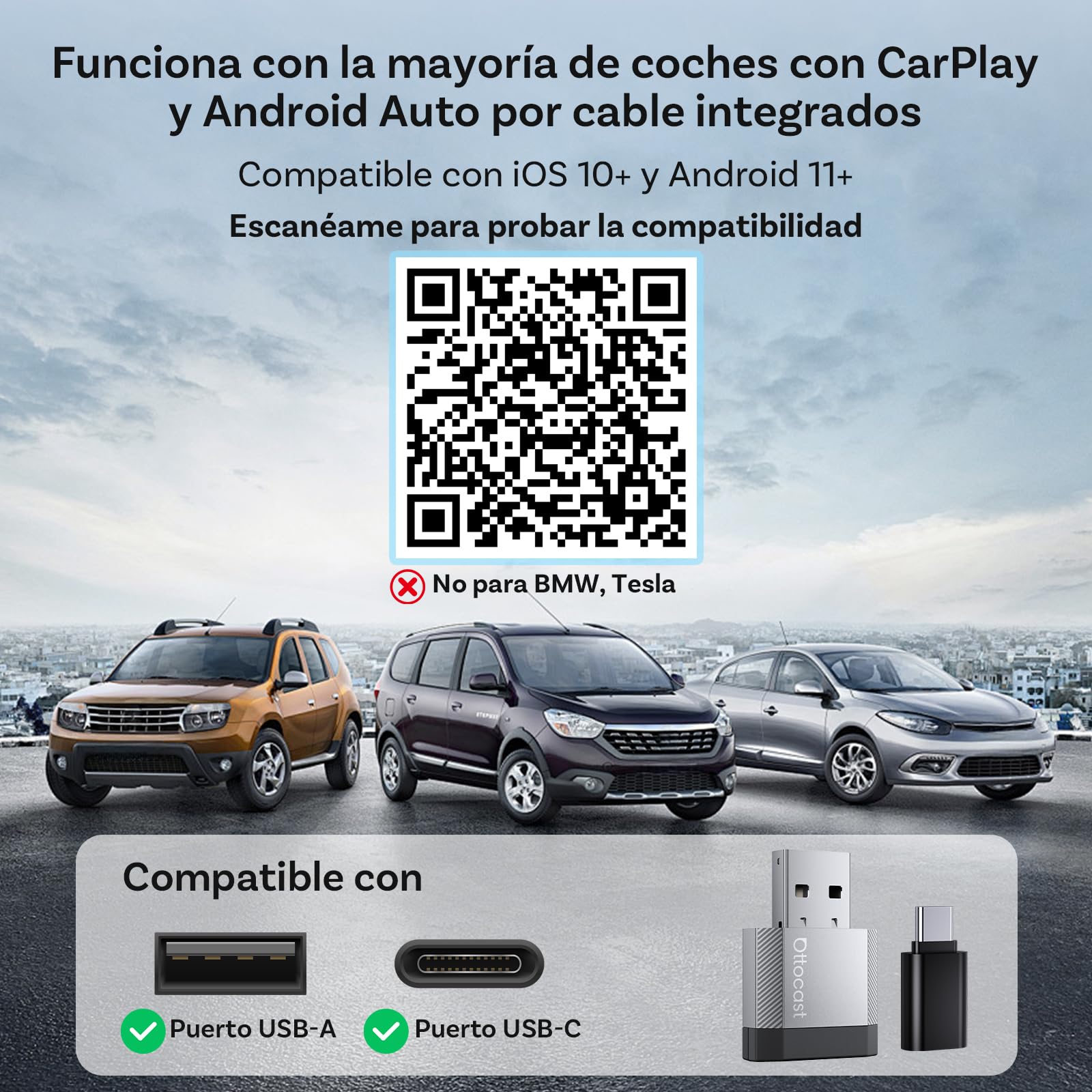 OTTOCAST 2 en 1 Inalámbrico CarPlay y Android Auto Adaptador, Mini Nova 2026 Wireless Adapter Ultra-Compacto, Compatible con ChatGPT Gemini (iOS 26.3+), Plug & Play para CarPlay/Android Auto por Cable