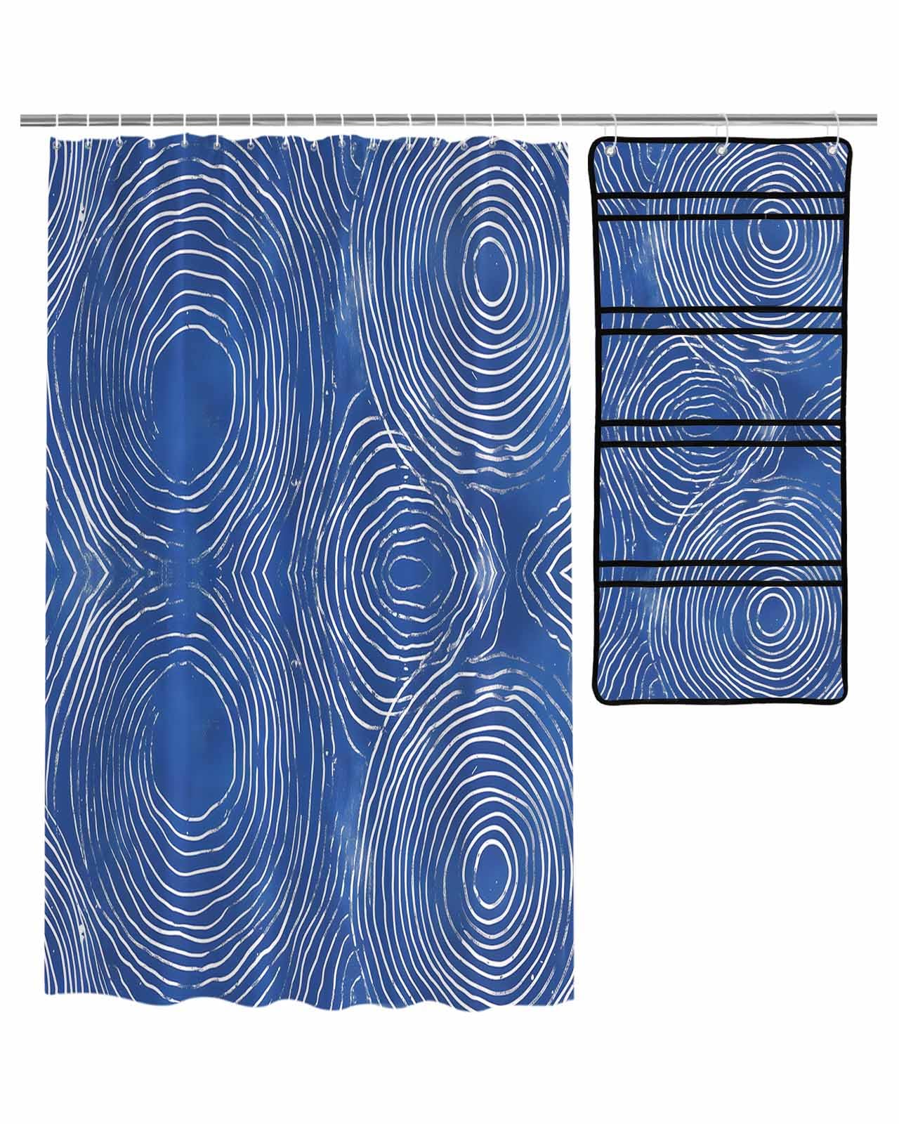 ZFUNCING Shower Curtain Mesh Shower Organizer Set Abstract White Lines Circle on Blue Waterproof Bath Curtains Hanging Shower