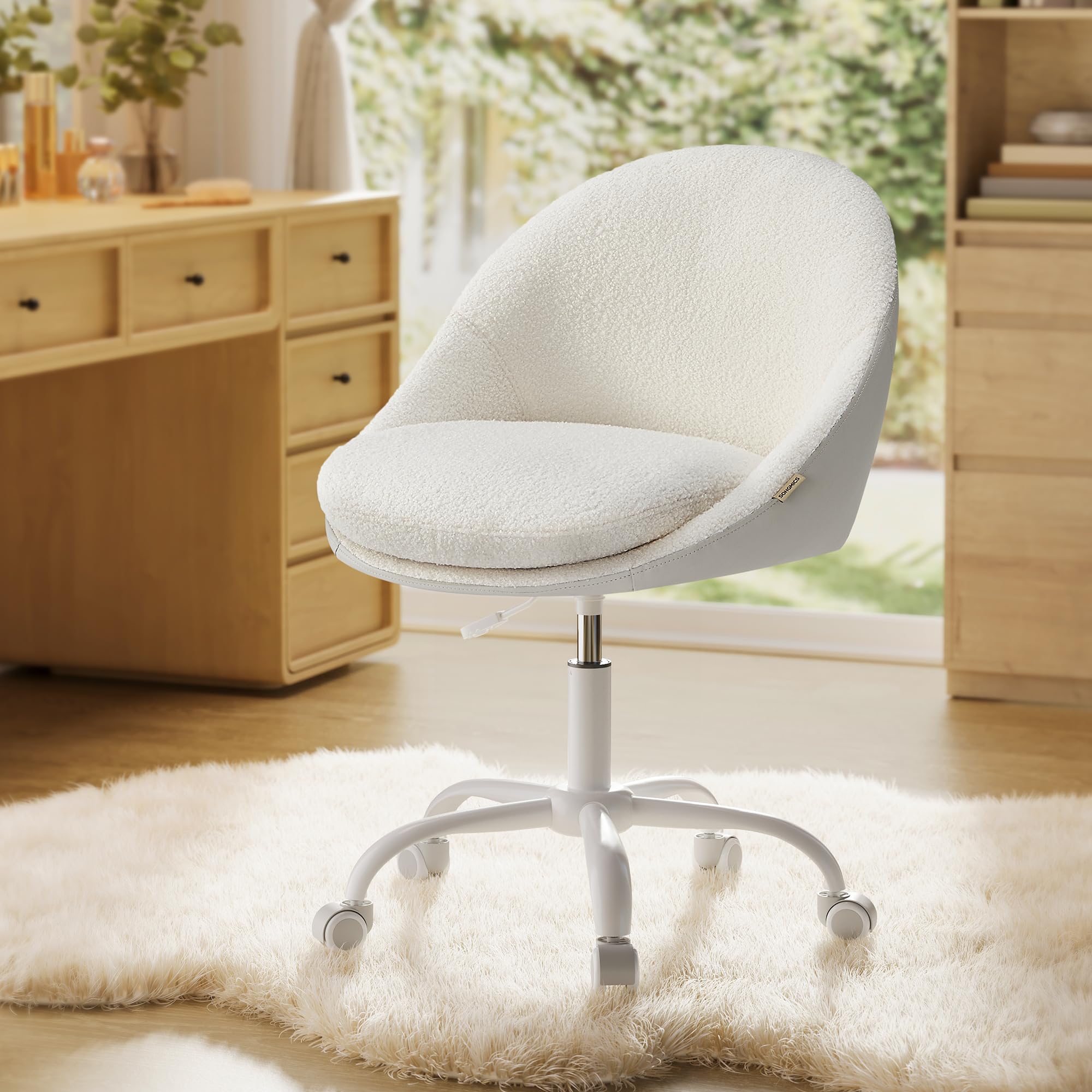 VASAGLE Vanity Chair with Back, Adjustable Swivel Cute Desk Chair with Wheels, Sherpa and PU Leather for Lumbar Support, Compact for Small Spaces, Bedroom, Cappuccino Beige and Cloud White U
