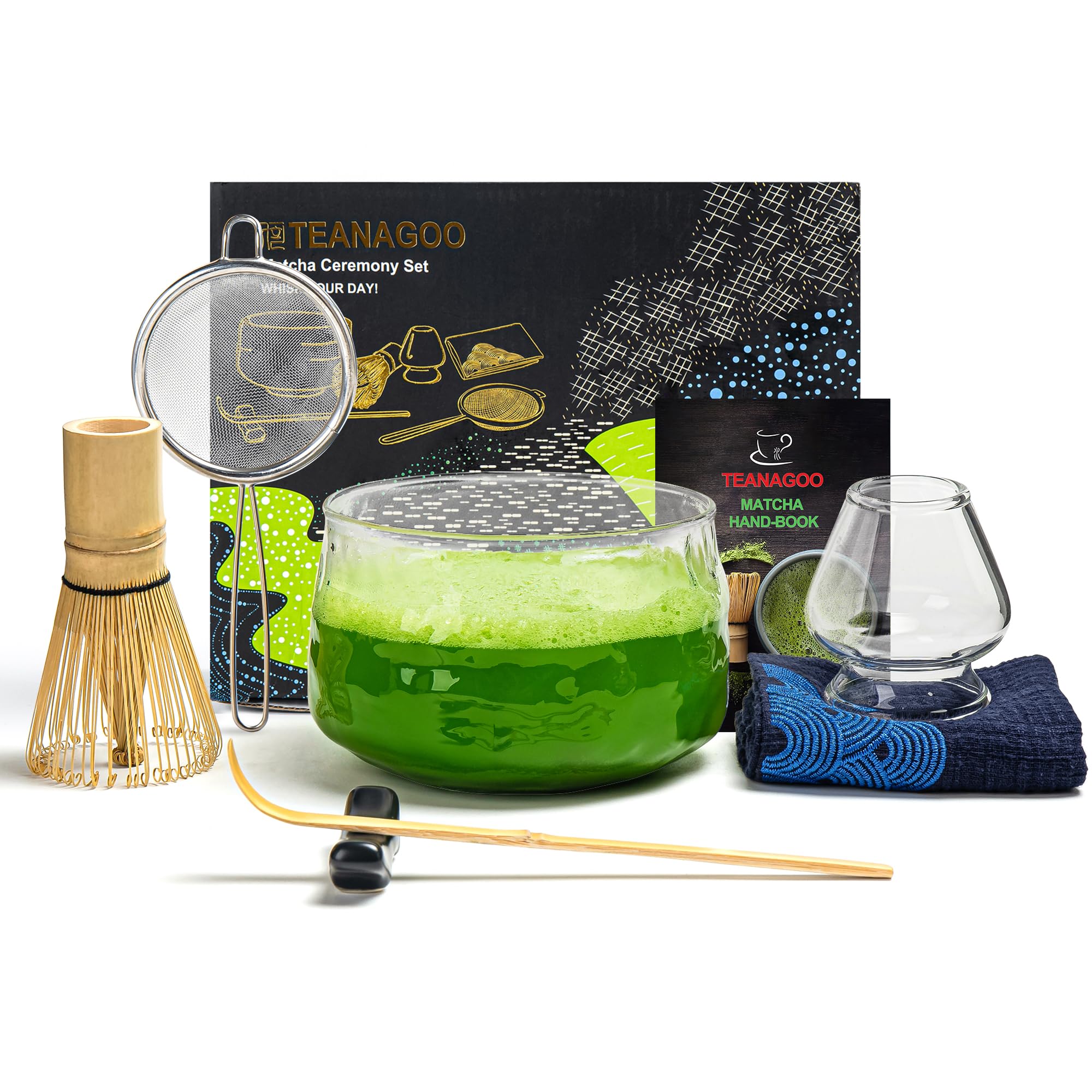 TEANAGOO Matcha Whisk (7 Pieces) Matcha Set Mutacha Kit with Matcha Bowl Spout Bamboo Matcha Whisk (Tea Tea) Scoop Matcha Whisk Holder.N29, Clear Glass