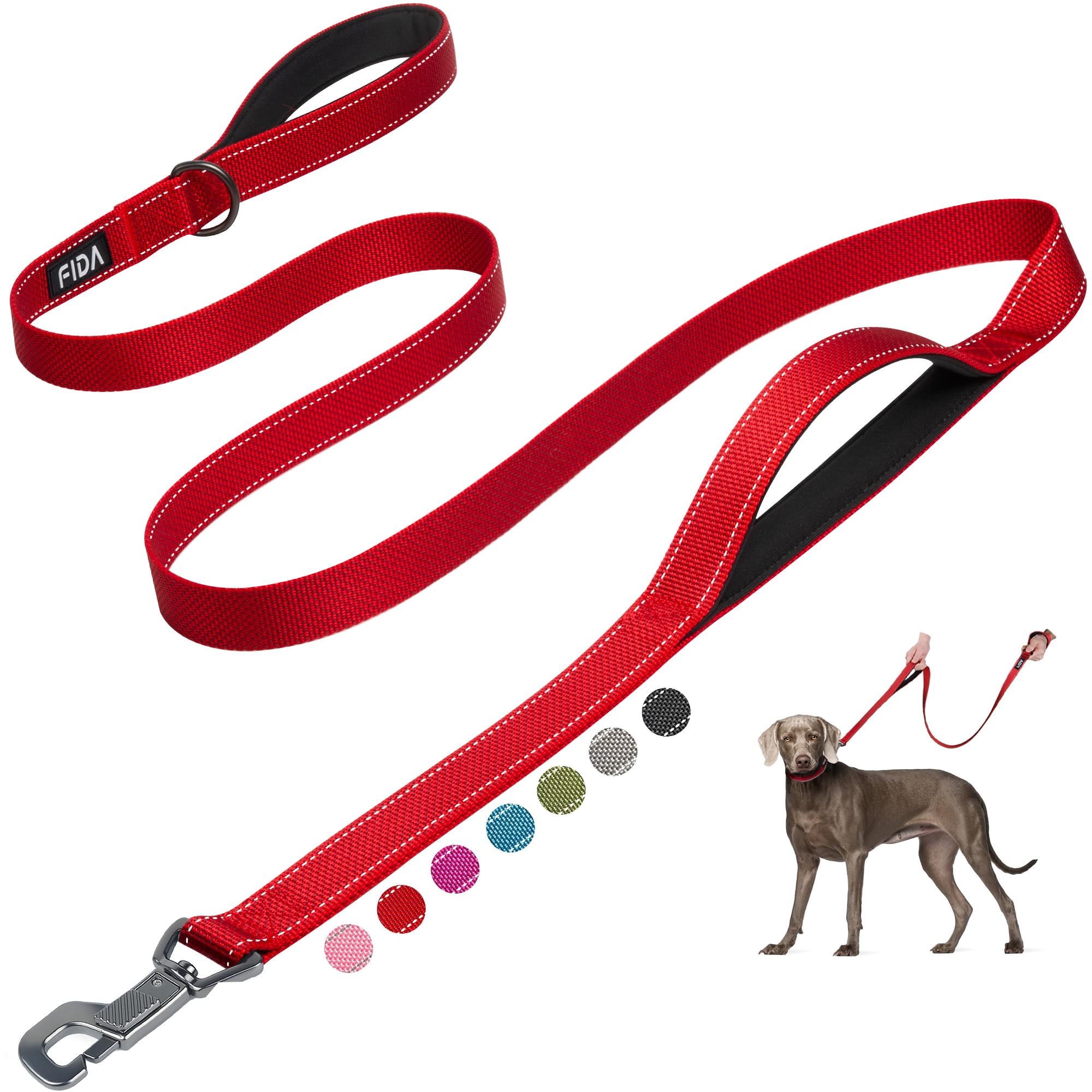 Fida 犬 リード 中型犬 大型犬用リード 持ち手2個 ちやすい 頑丈 訓練用 3M反射材料 ナイロン製 軽量 手袋したまま 耐荷重50kg 散歩グッズ（1.8m, レッド, 太さ25mm)