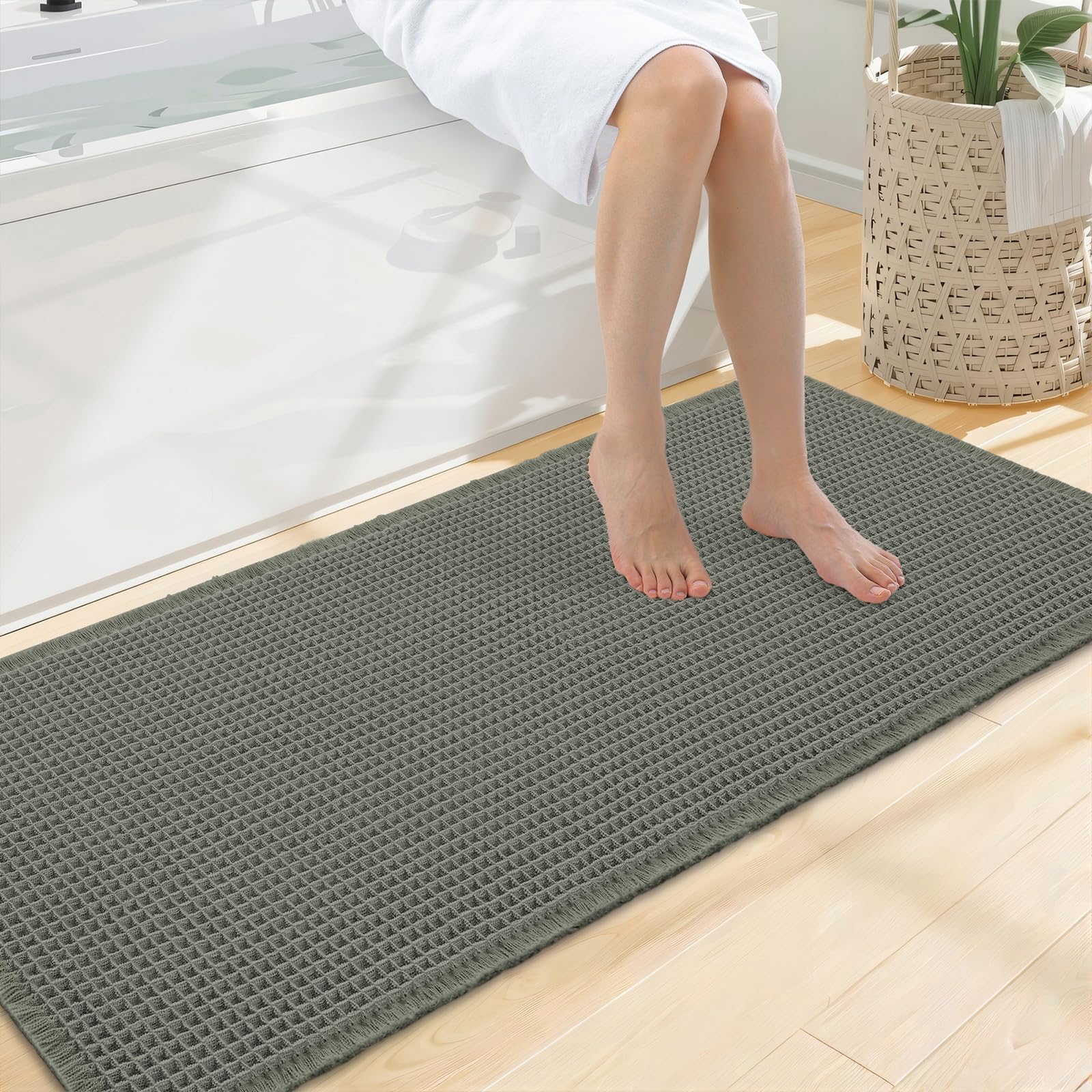 Smiry Waffle Bath Mat 47X20, Extra Soft Absorbent Bathroom Rugs, Green
