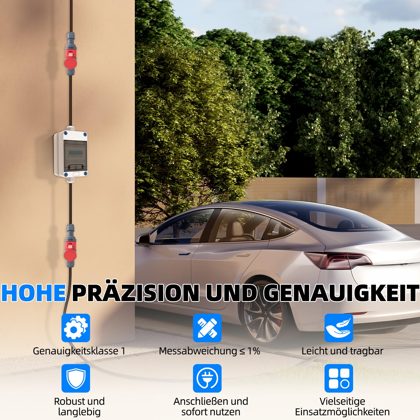 3 Phasen Mobiler Stromzähler mit LED und Rückstellfunktion,32A 400V | CEE Stecker und Kupplung,MID-Kalibrierungstechnologie,sechsstellige Werte an,5-polig,Schutzart IP68,1M+1M Kabels,für Camping