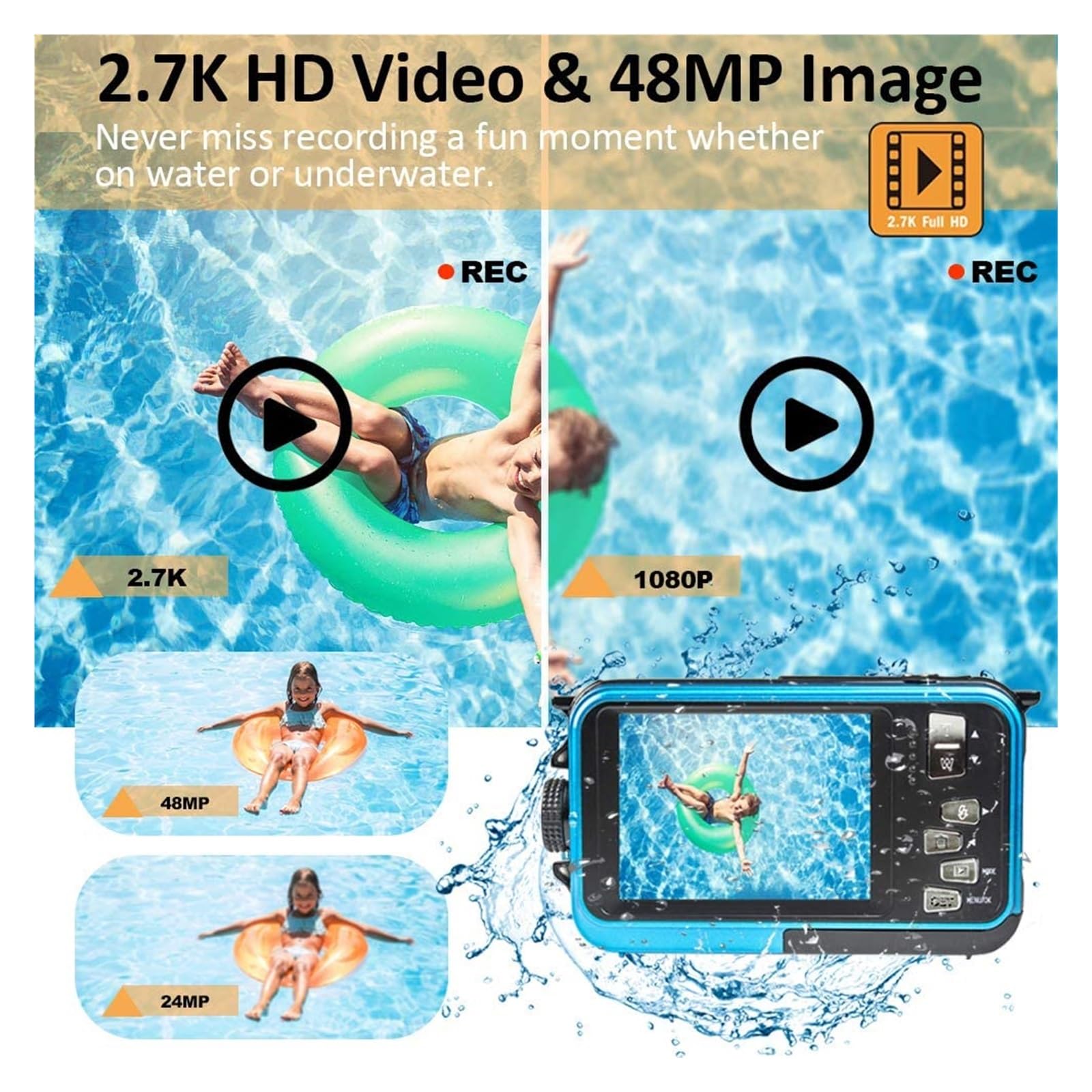 Fotocamera Digitale Subacquea Da 10 Piedi Videocamera Fotografica Impermeabile IP68 Estiva 48MP 2.7K Telecamere D'azione Con Autoscatto A Doppio Schermo Telecamera HD ( Size : NO TF Card , Color : Red