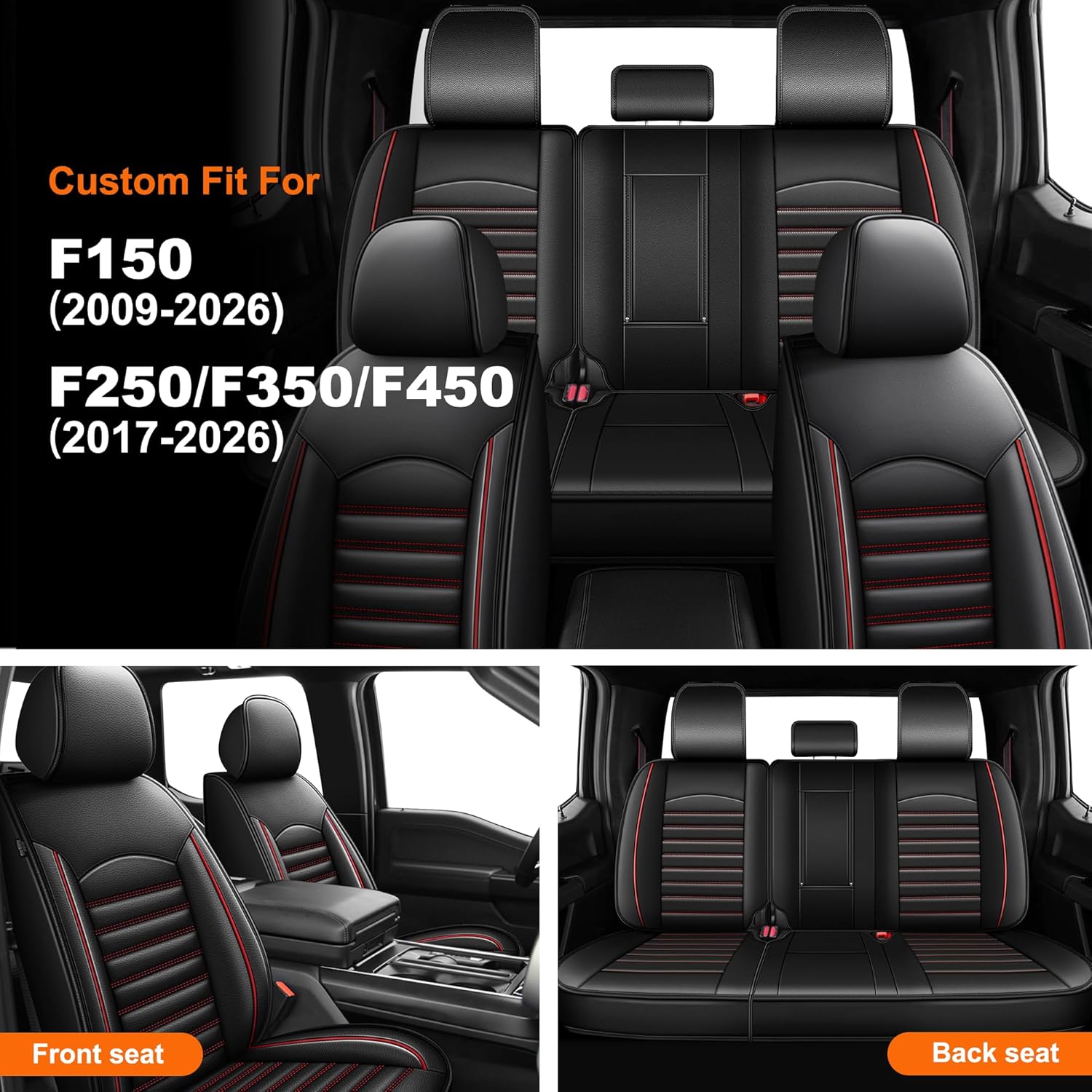Seat Covers for Ford F150 2009-2024 2025 2026 - F250/F350/F450 2017-2025 2026 Waterproof Leather Truck Car Seat Covers Full Set (5 Seat, Red Line)