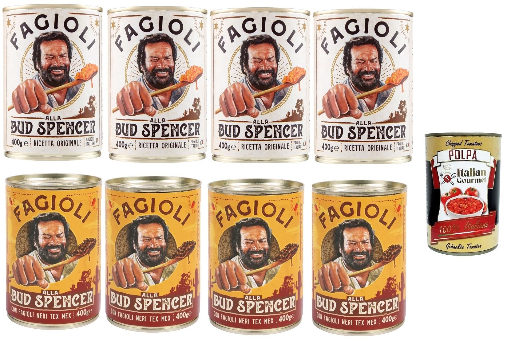 Fagioli alla Bud Spencer - Frijoles cocinados en salsa, caja 400 g, Receta italiana original o Tex-Mex (fagioli neri) Listos para calentar, Fuente de proteínas, 8 x 400 g + Italian Gourmet polpa 400 g