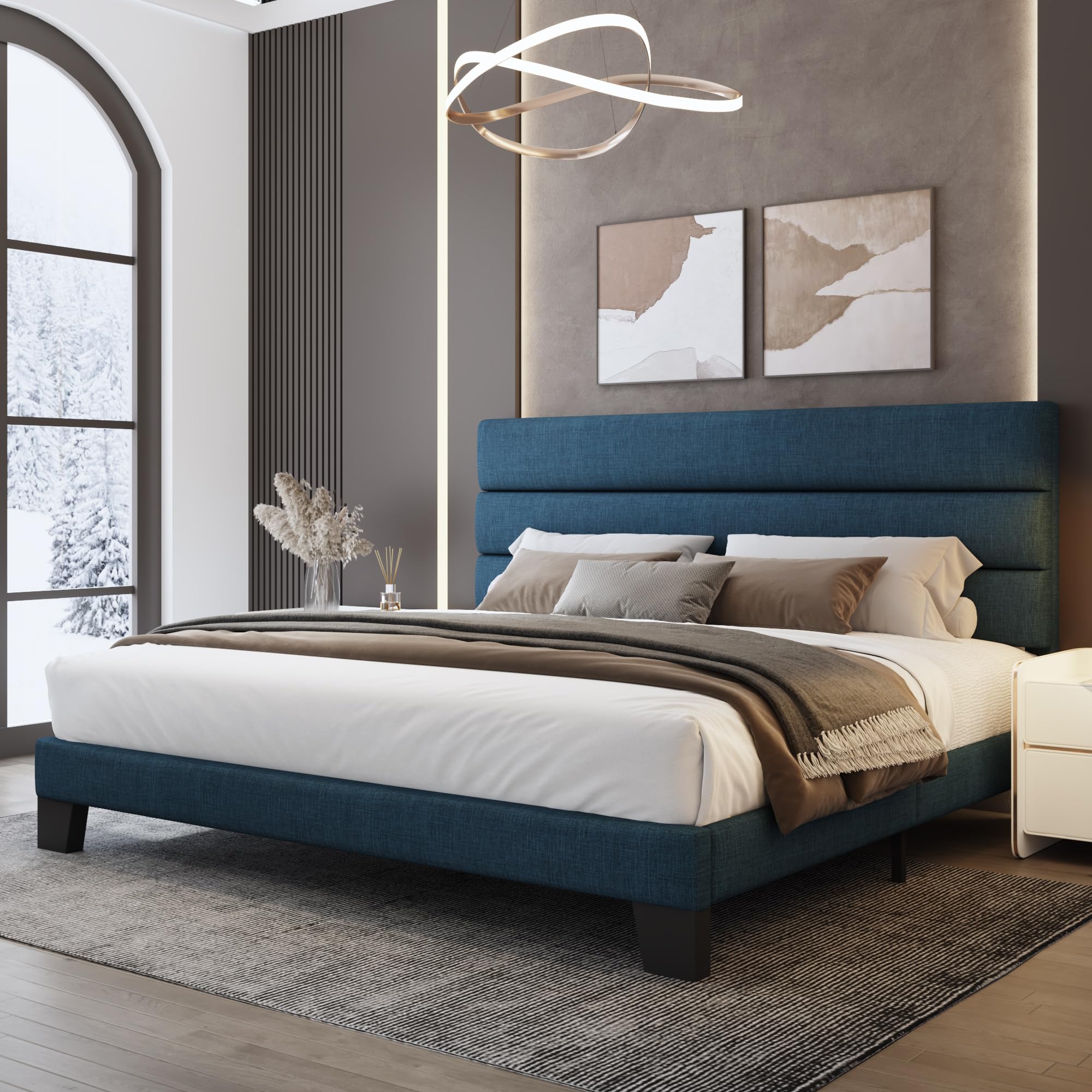 WEEWAY King Bed Frame Platform Bed with Linen Fabric Upholstered Headboard and Wooden Slats Support, Heavy Duty Mattress Foundation, No Box Spring Needed, Easy Assembly, Navy Blue