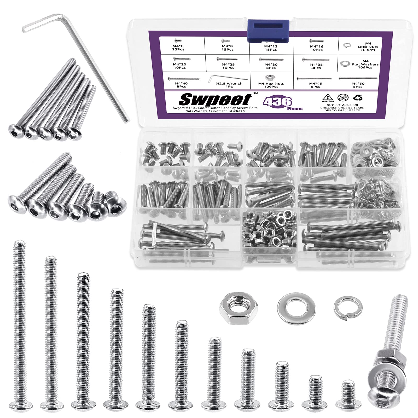 ZER-Coffrets Boulons et écrous M2 / M3 / M4 Acier Inoxydable SS304 Hex Socket Bouton Tête Vis et
