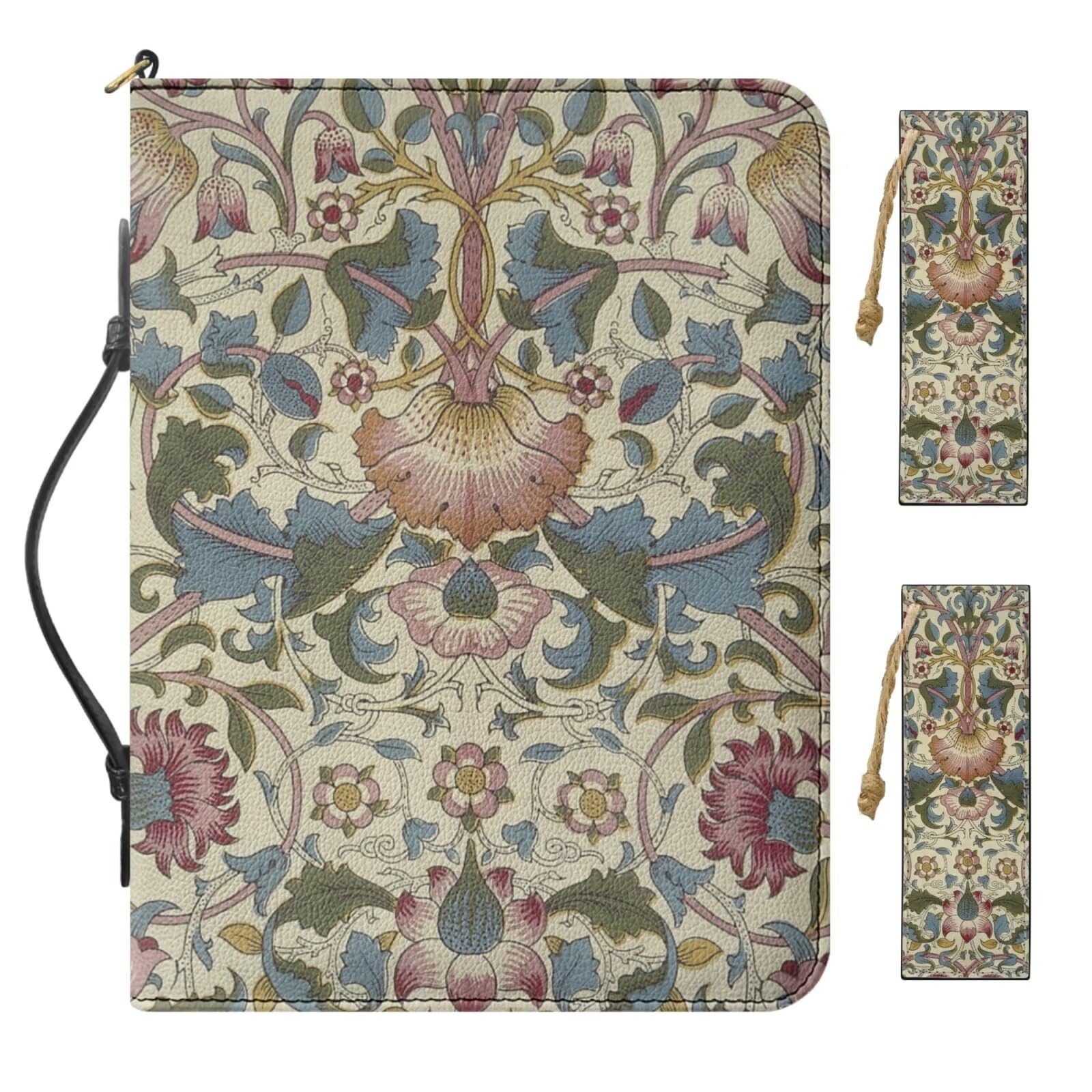 Buxolandt 2026 PU Leather Bible Purse for Men, Comes with 2 Leather Bookmarks, Green Bible Cover with Handle Built-in Pocket Pen Slots, Work of William Morris Printed Bible Holder Case, Waterproof
