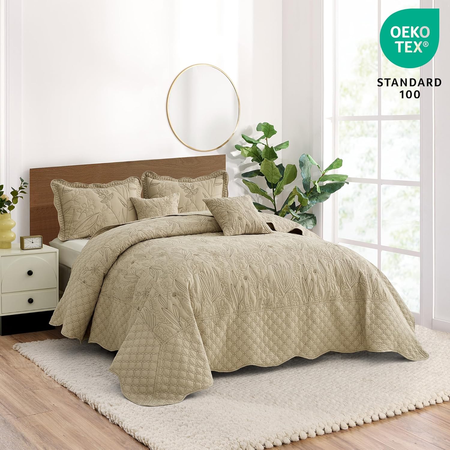 CHIXIN Botanical Oversized Bedspread King Size - Leaves Pattern Stitching Quilt Set - Elegant & Fresh Style Bedding Coverlets, Reversible, Lightweight, 5 Piece, Taupe - Image 2