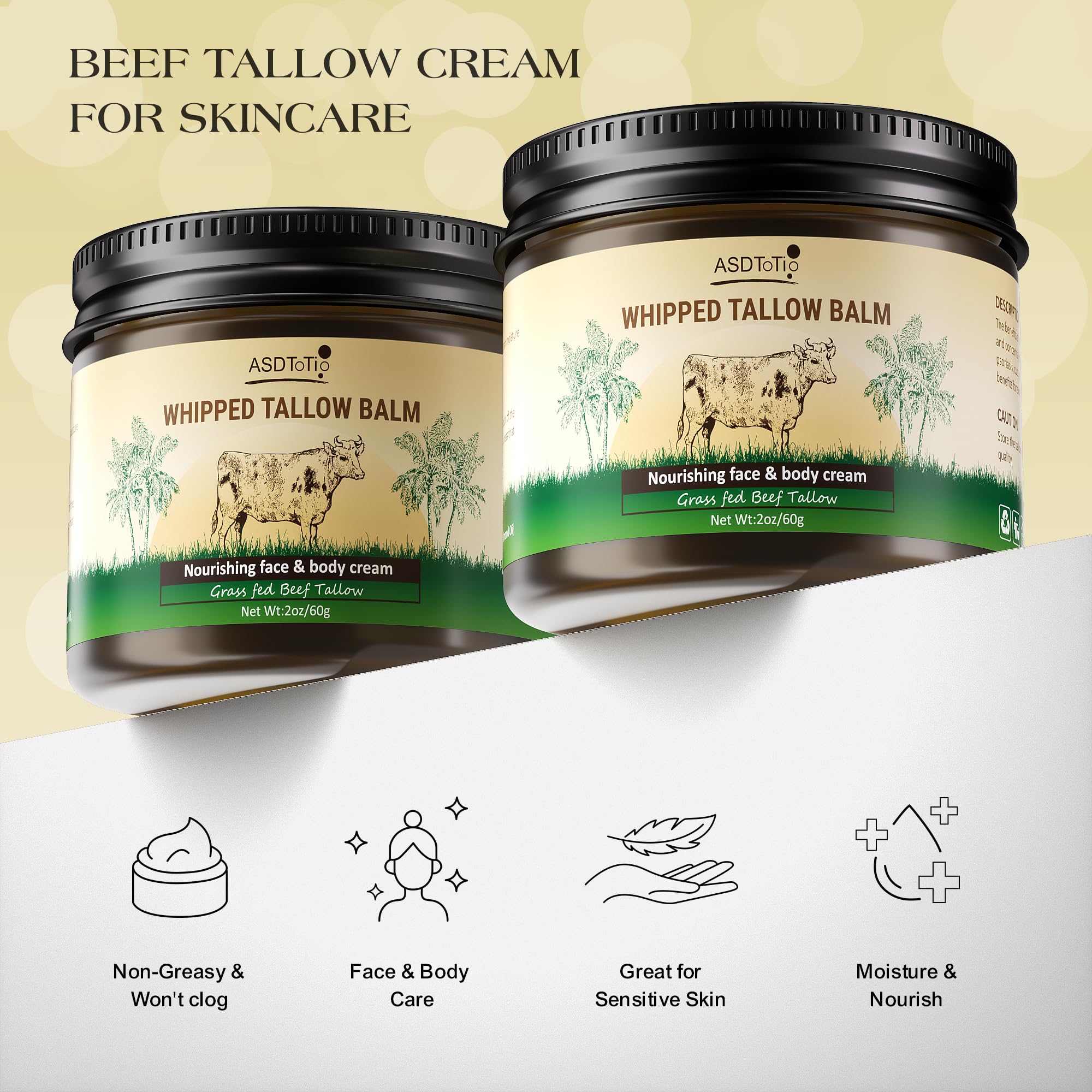 ASDToTio Handmade Whipped Tallow Balm for Skin Care- All Natural Grass Fed Beef Tallow All Purpose Balm,Face and Body Moisturizing Cream, Tallow Balm For Dry Skin- 2 oz
