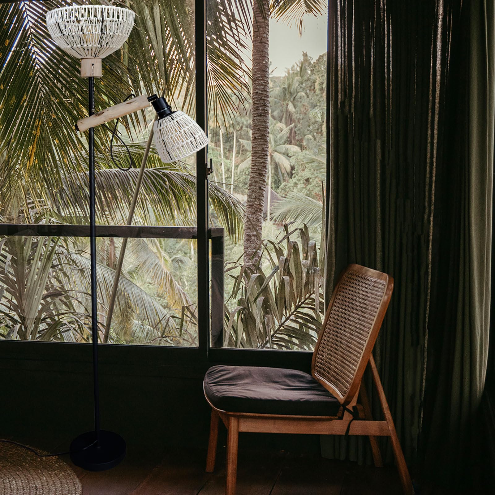 Stehlampe mit 2 Schirmen, Boho-Industrial Design, 163 cm | Metall-Holz-Kombination, Praktischer Schalter, Ohne Glühbirnen, Für Wohnzimmer