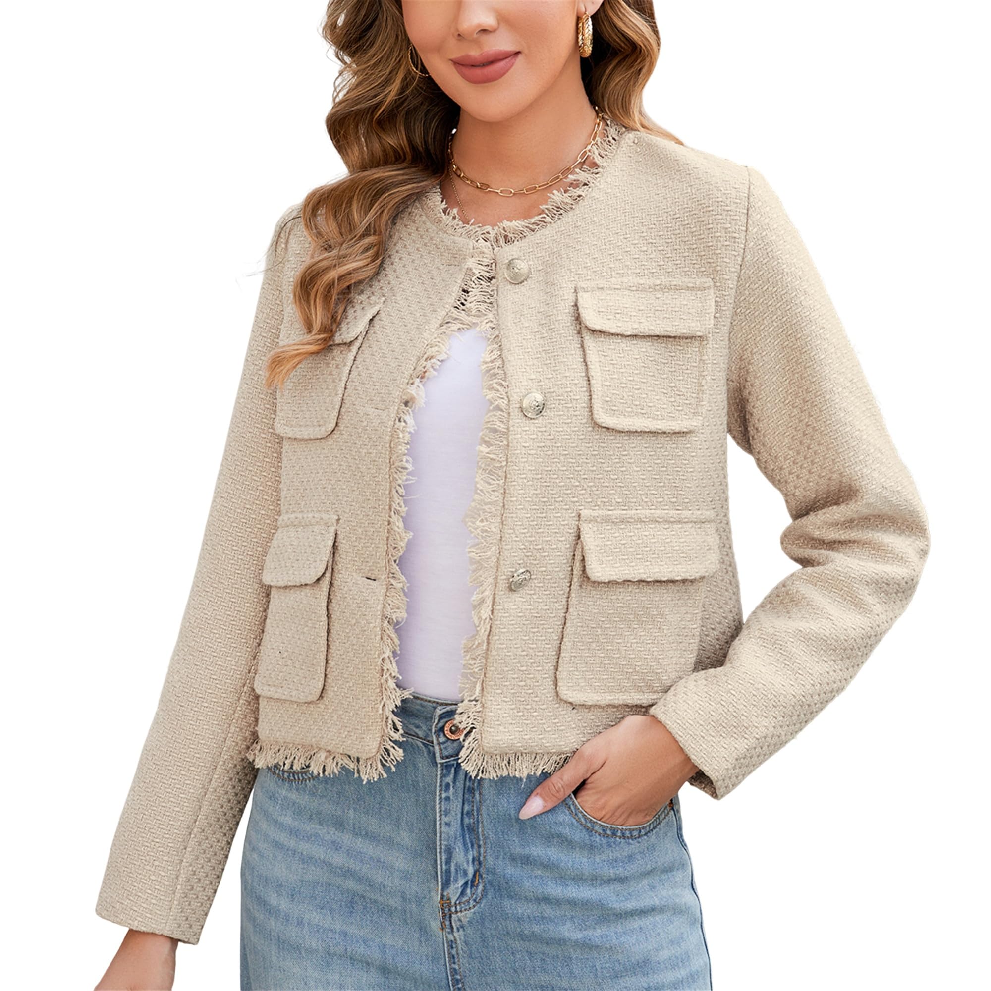 Ladyful Womens Cropped Tweed Blazer Jacket Collarless Lady Jacket Long Sleeve Fall Elegant Work Suits Coat