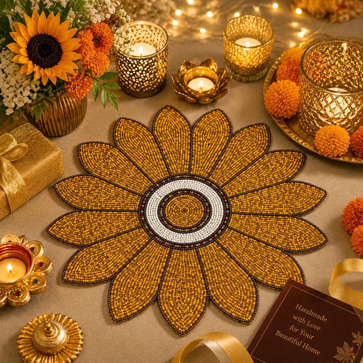 MFU – Made for You Handmade Beaded Round Placemat Sunflower Design Yellow Gold | Decorative Table Mat for Dining Table, Center Table, Coffee Table | Round Flower Table Mat for Home Décor