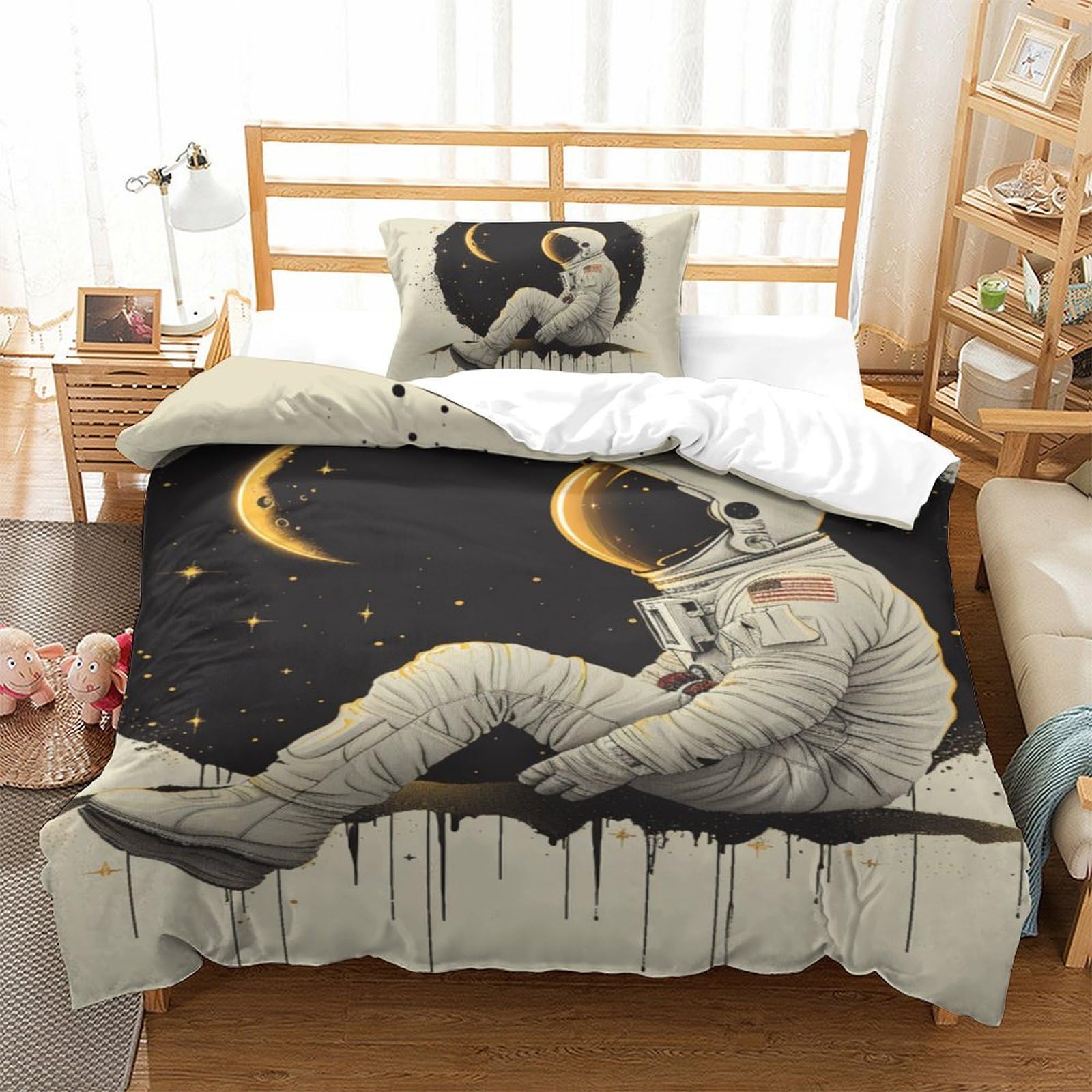 Parure de lit astronaute 3D housse de couette en microfibre et taie d'oreiller 135x200cm pour enfant