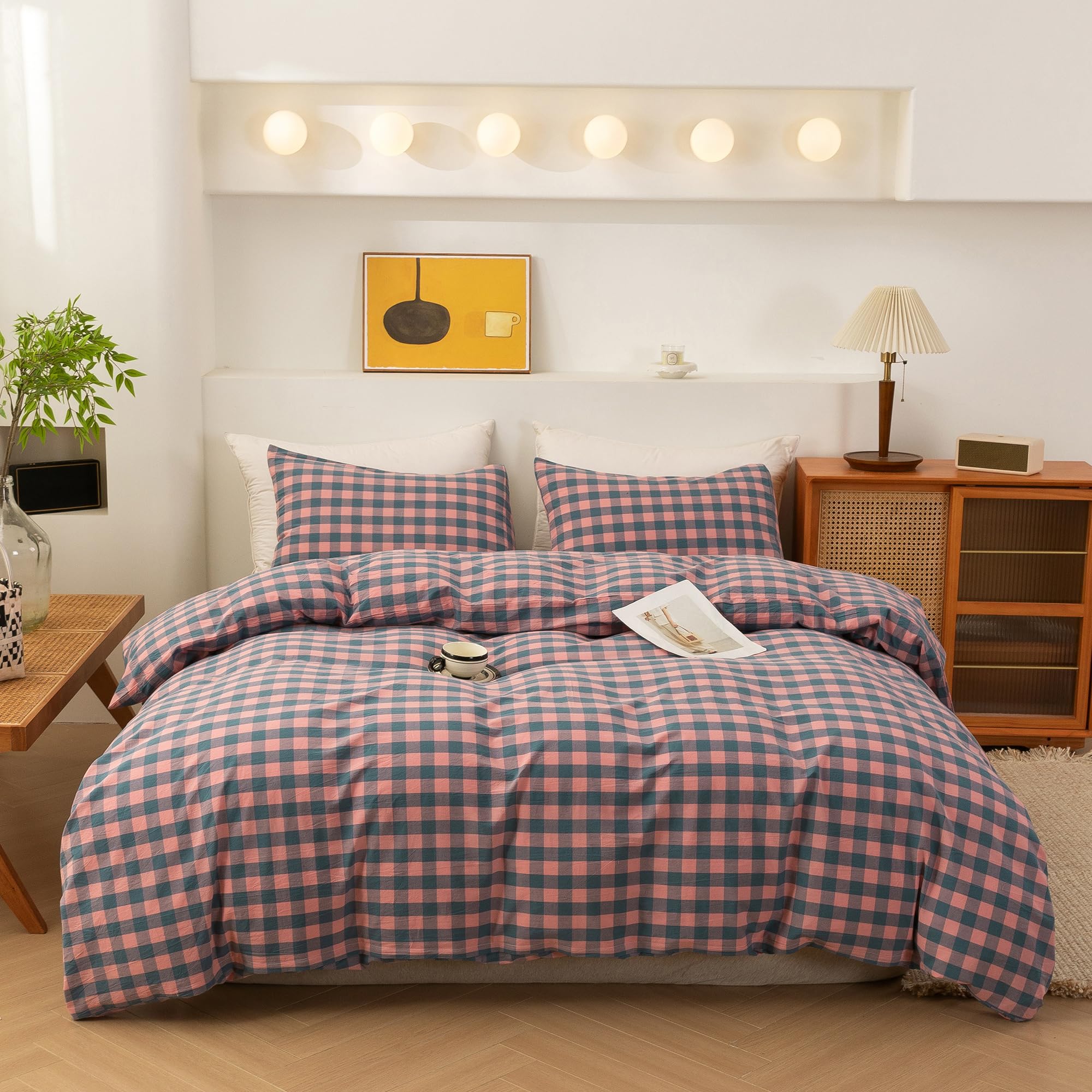 ECOCOTT Duvet Cover Oversized King Size, 100% Washed Cotton Linen-Like Soft &amp; Breathable, Durable Comfy Bedding Set for All Seasons, Purple Pink Plaid