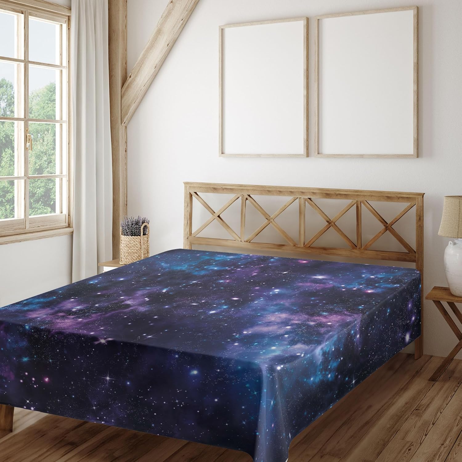 Ambesonne Space Flat Sheet, Mystical Sky Star Clusters Cosmos Nebula Celestial Scenery Artwork, Soft Comfortable Top Sheet Decorative Bedding 1 Piece, Queen Size, Purple Dark Blue