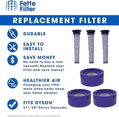 Miniatura 3 de Fette Filter - Juego de filtros de vacío combinado con 3 prefiltros y 3 filtros HEPA compatibles con aspiradoras Dyson V7 y V8 Absolute y Animal,