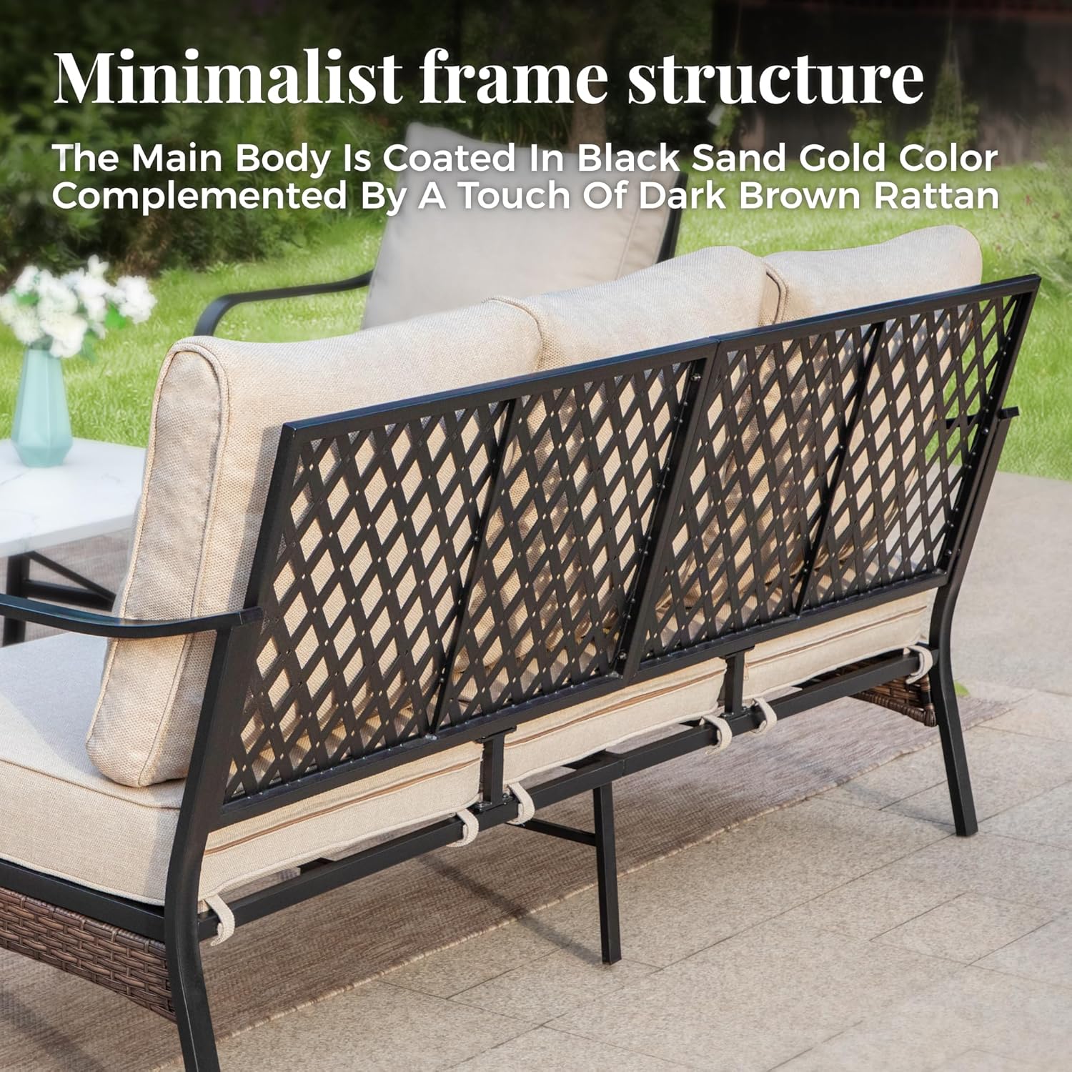 MIXPATIO Patio Furniture Set with 56'' Fire Pit Table, Black Frame Outdoor Conversation Set with 2 x Swivel Chairs, 1 x 3-Seat Sofa for Lawn Garden Backyard, Beige
