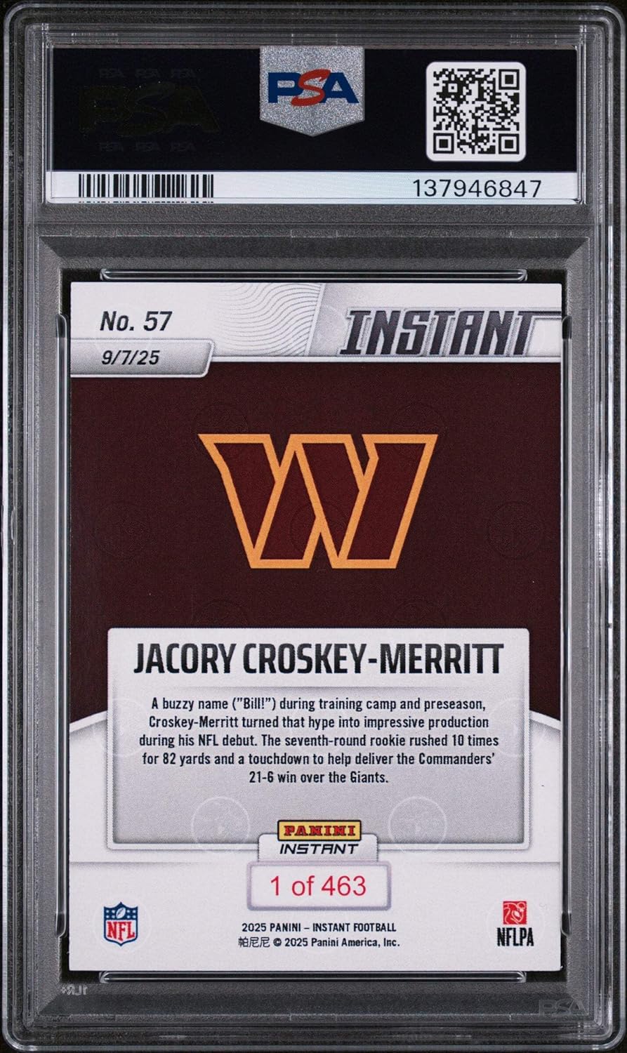 Graded 2025 Panini Instant Jacory Croskey-Merritt #57 Rookie RC Football Card PSA 10 Gem Mint