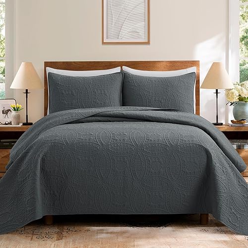 Miniatura 2 de Safonory Juego de edredón King (106 x 96 pulgadas, gris oscuro)  Colcha acolchada con patrón de monedas suave y fina de verano para cama King  Juego